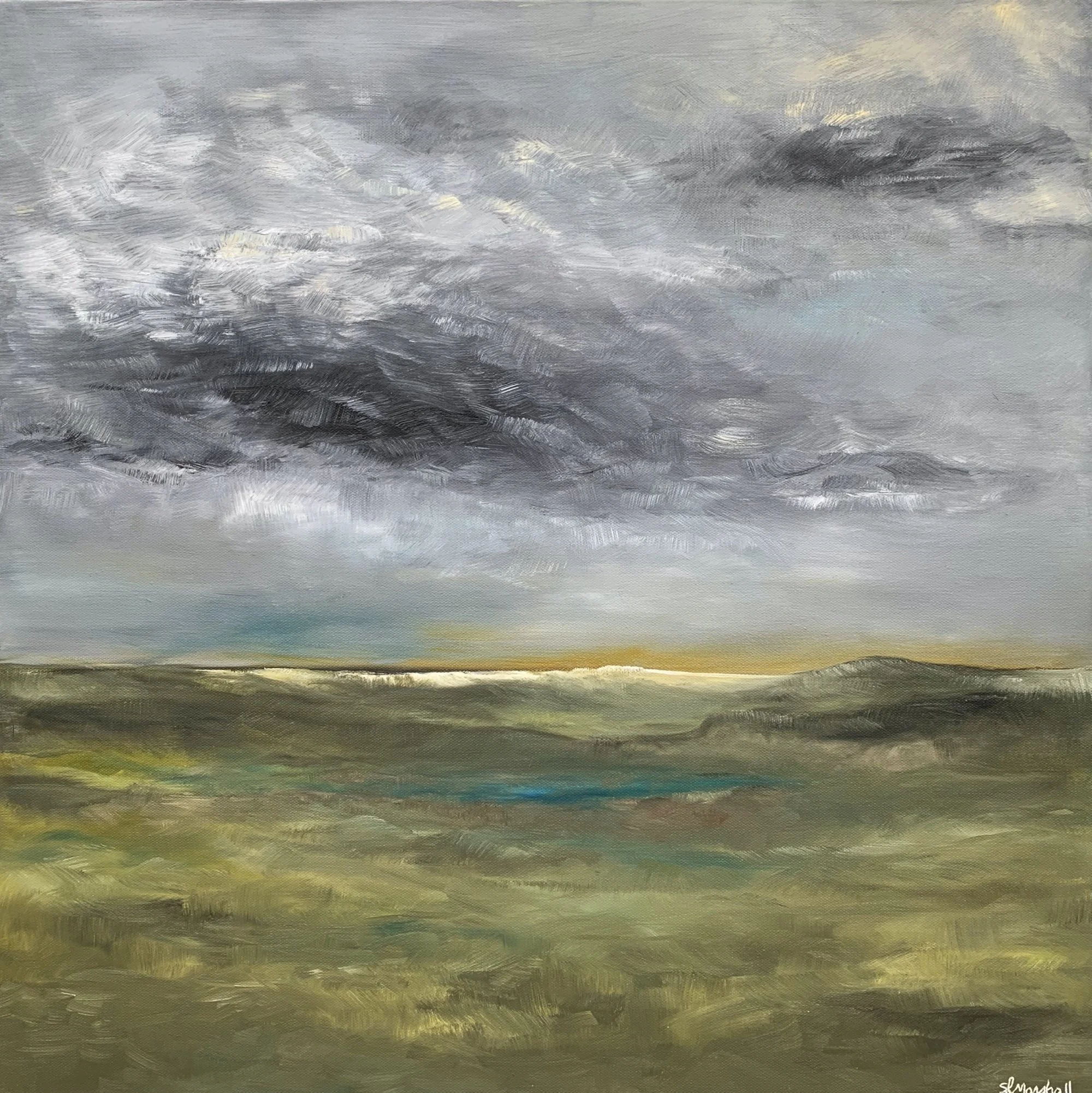 An abstract landscape painting with colorful horizontal strokes resembling a sunset or sunrise over a body of water, with clouds and a horizon line.