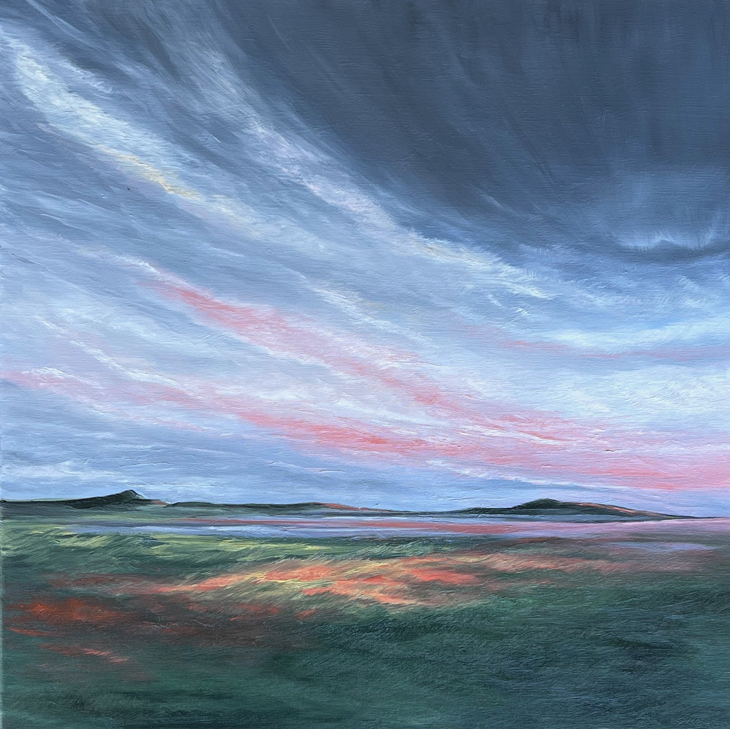 A colorful abstract landscape painting with layers of blues, greens, reds, and oranges, resembling a sunset over the ocean with a small landmass on the horizon.