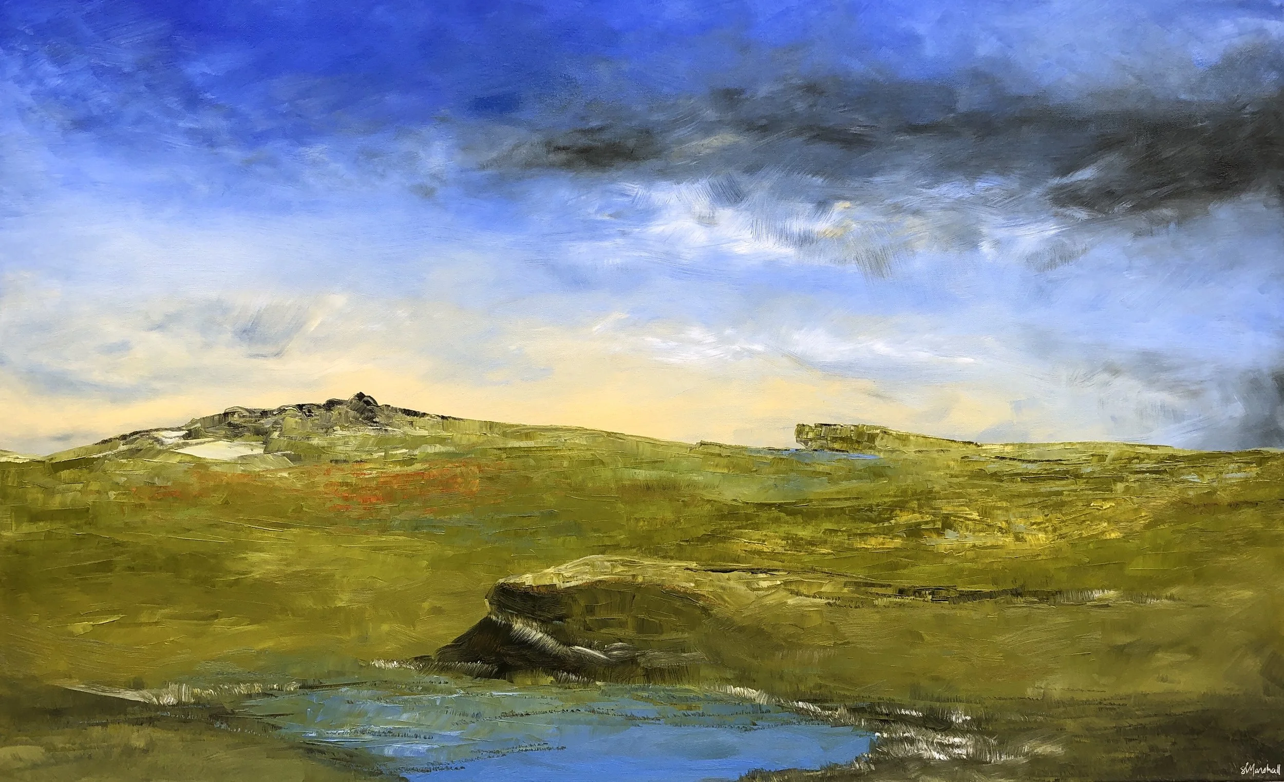 A landscape painting of rolling green hills under a dramatic sky with dark storm clouds and patches of blue sky, with a distant castle or fortress on a hilltop.