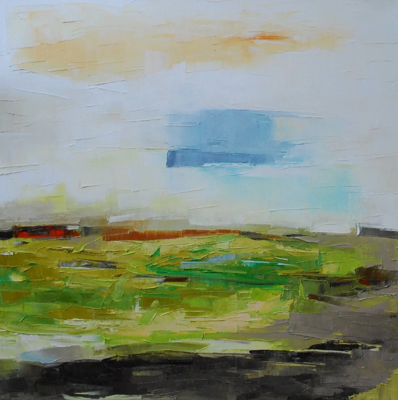An abstract painting of a landscape with a blue sky, green fields, and darker foreground using thick textured brushstrokes.