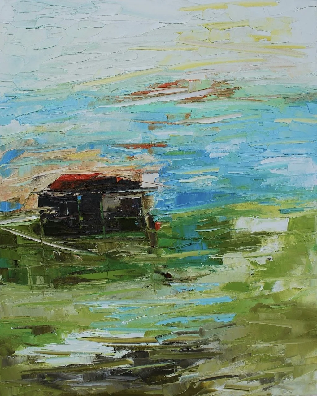 An abstract landscape painting of a house with a red roof in a lush, green landscape next to water, with blue and yellow sky in the background.