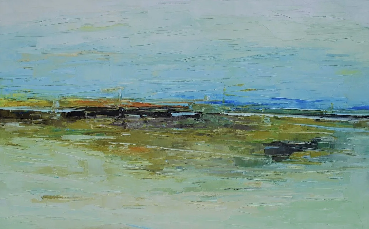 Abstract landscape painting with a sky, distant land, and water in soft pastel colors.