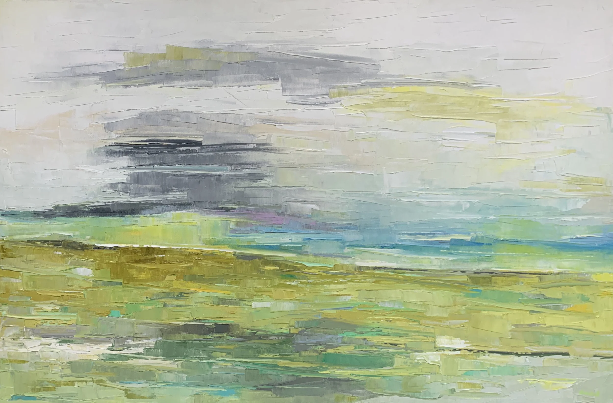 Abstract landscape painting with horizontal strokes of gray, green, yellow, and blue colors, creating a cloudy sky over a grassy field.