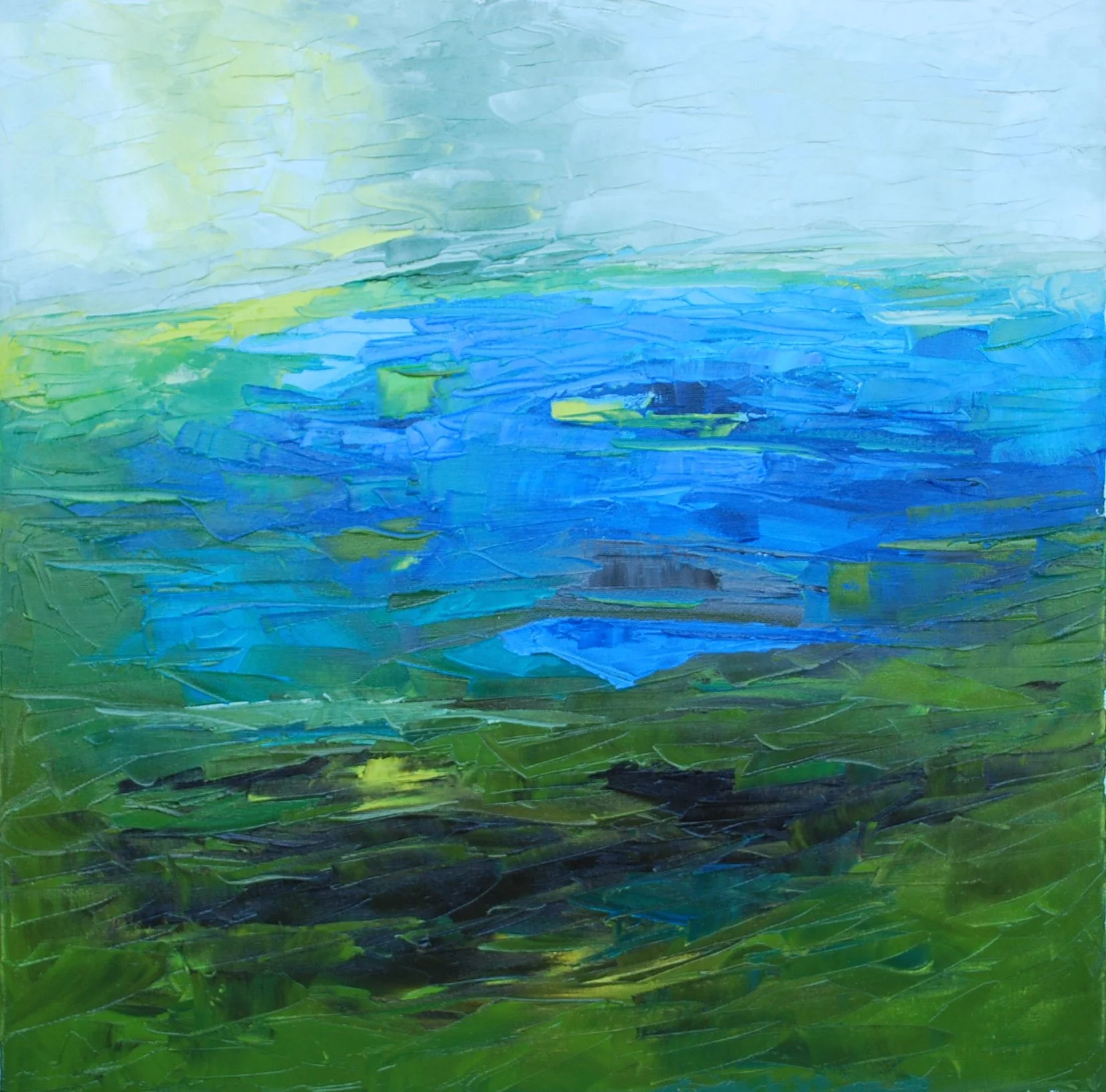 Abstract landscape painting with horizontal layers of blue, green, and light yellow colors, painted with textured, broad brushstrokes.