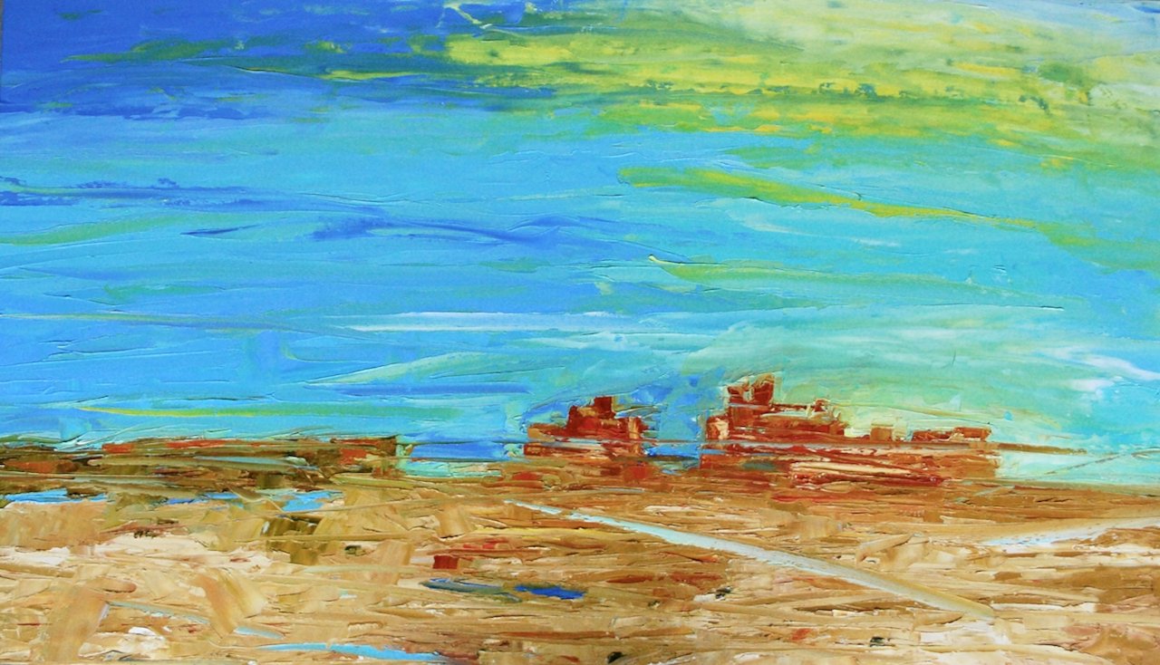 An abstract landscape painting depicting a field with dried grass in the foreground, distant red barns or structures, and a blue sky with streaks of clouds.