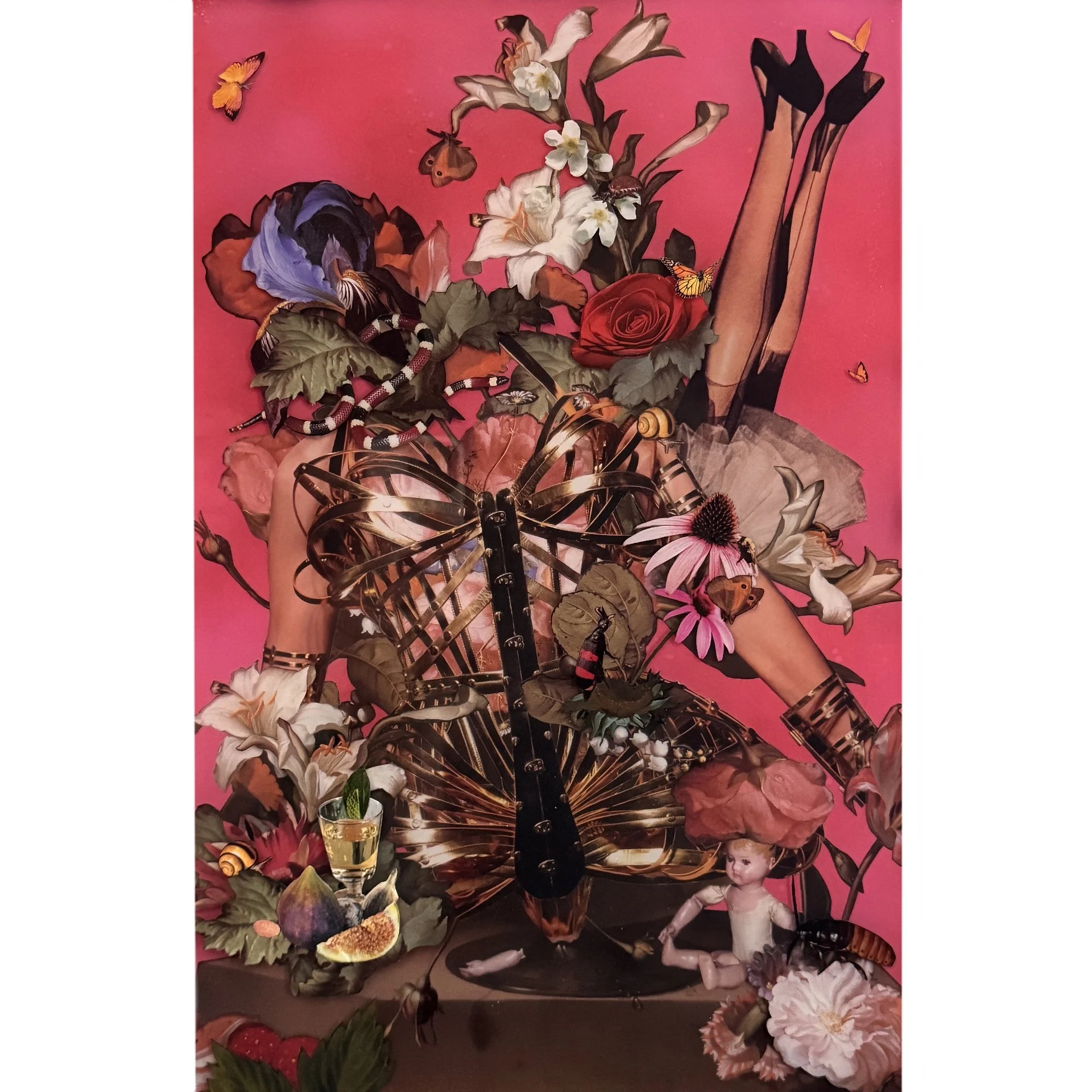 An art collage features a woman in a black dress with high heels and red lipstick, surrounded by flowers, butterflies, a snake, a snail, and various objects such as a glass of wine and a doll, against a pink background.