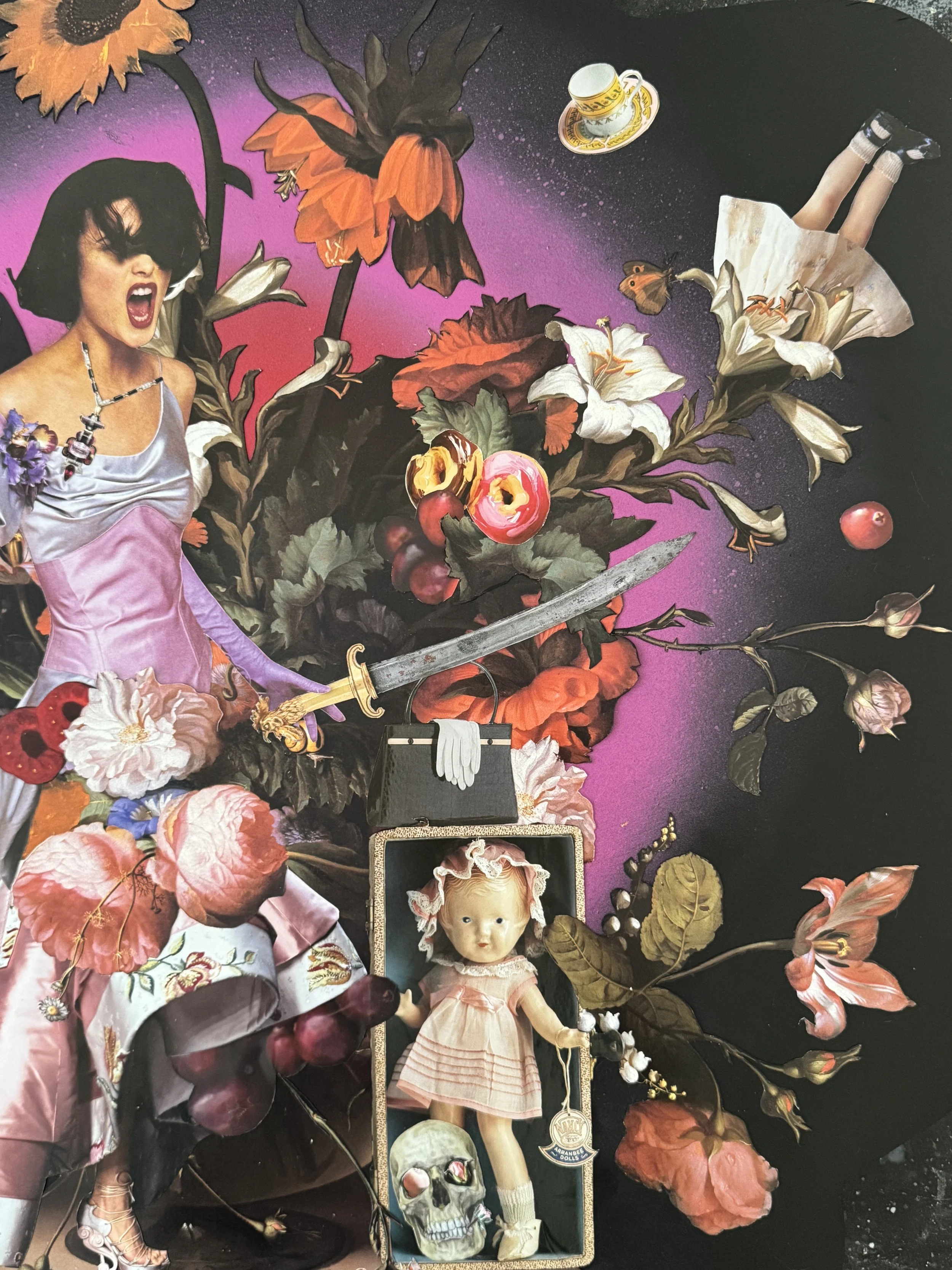 A mixed media collage featuring a woman with short black hair singing or shouting, surrounded by large orange and white flowers, butterflies, a sword, a skull, a doll, a teacup, and other decorative elements, set against a dark purple background with