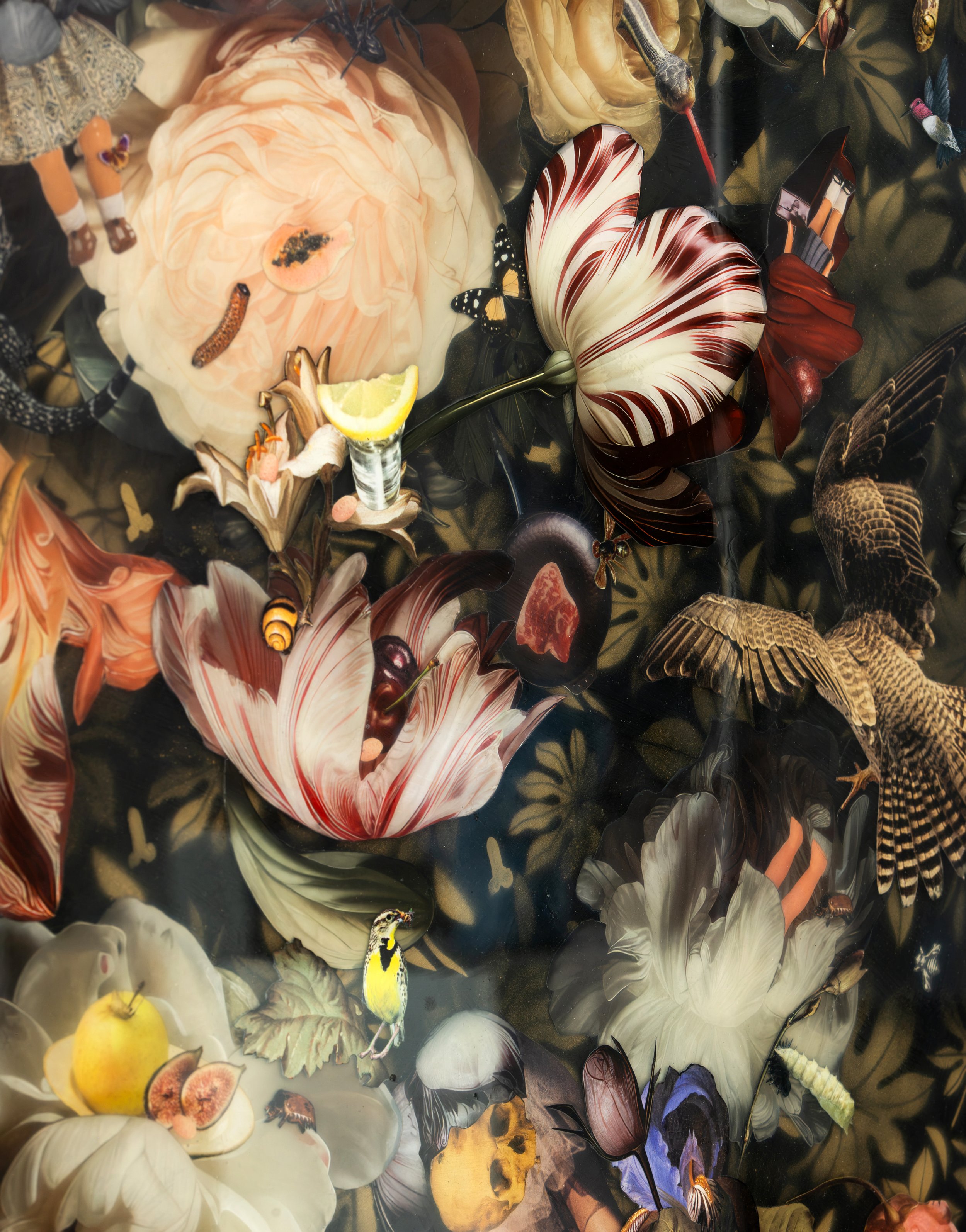 A colorful collection of flowers, butterflies, and small animals floating on a dark water surface, including a lemon slice, a small bird, and insects.
