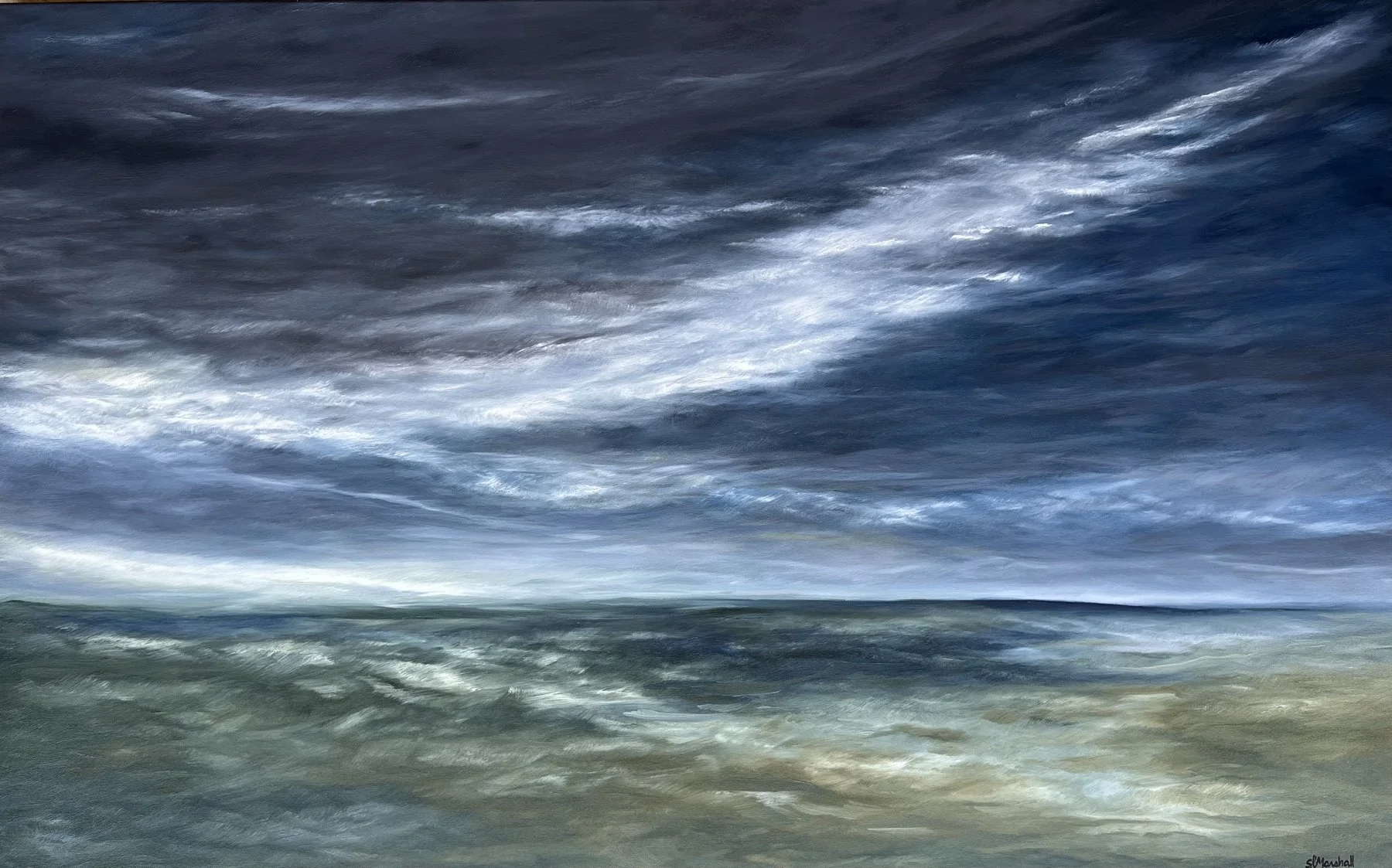 A realistic painting of a turbulent ocean with dark, stormy clouds overhead.
