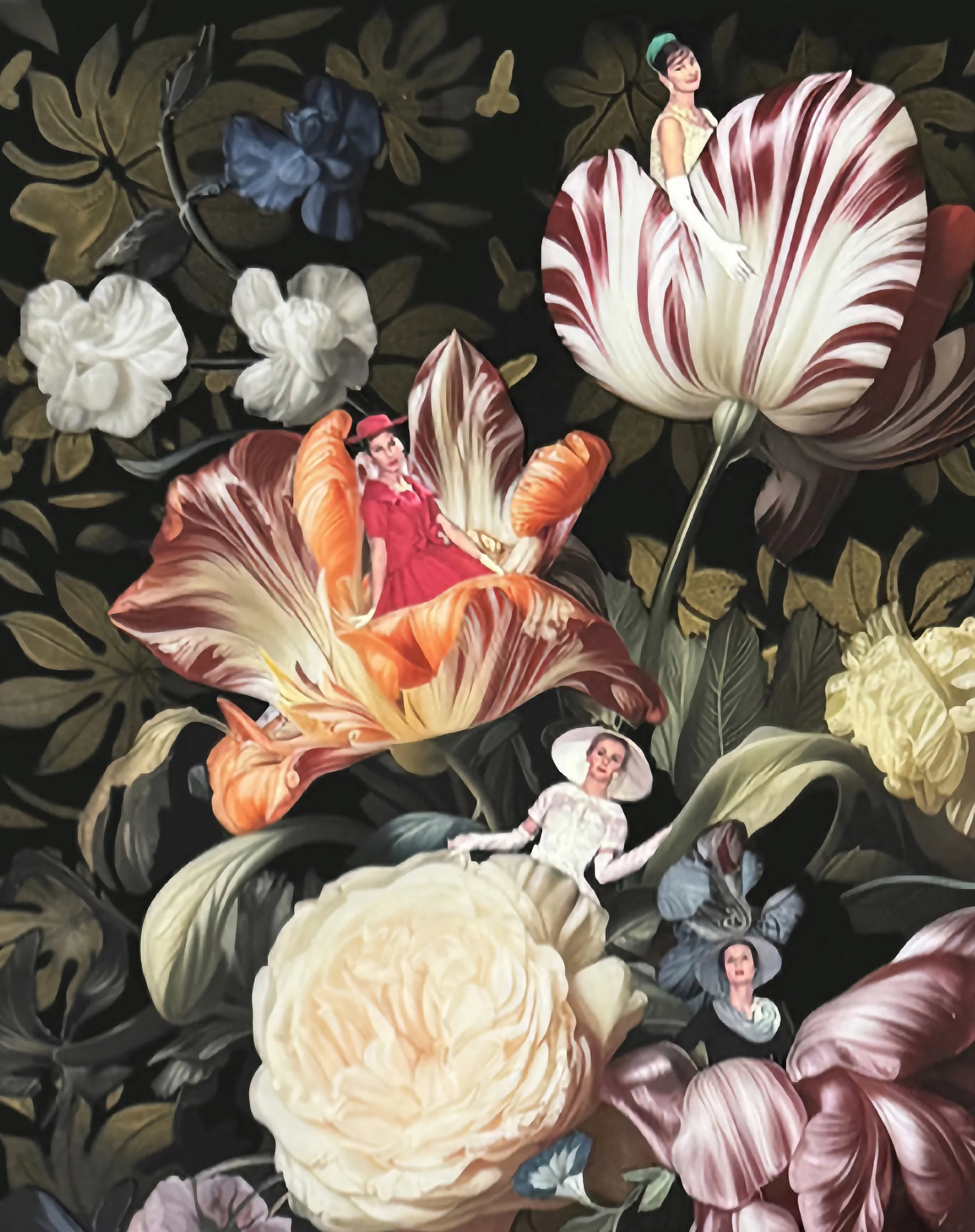 A collage featuring painted women with floral elements against a black background with leaves, flowers, and butterflies.