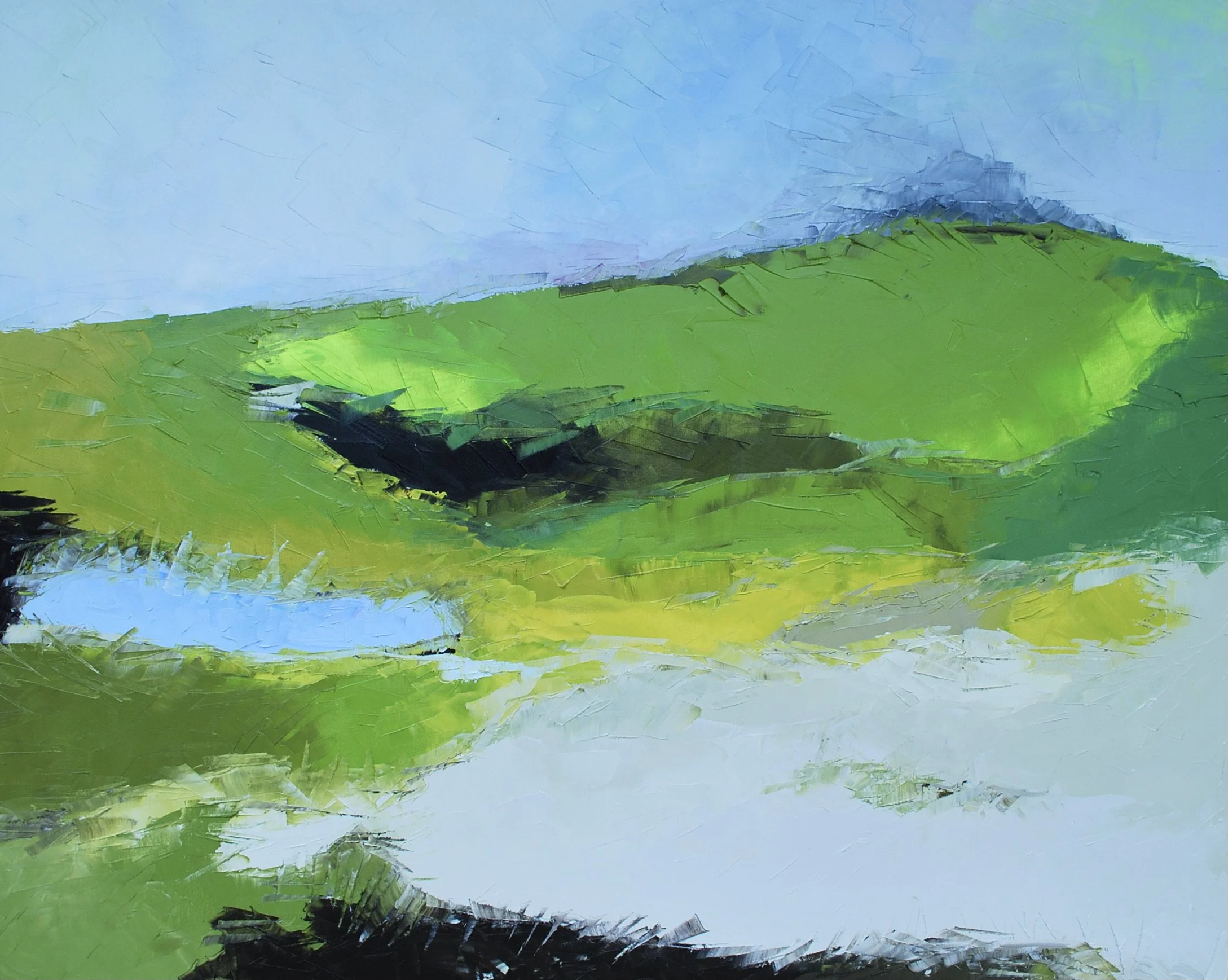 An abstract painting of a landscape with green hills and a house on a hill, under a blue sky.