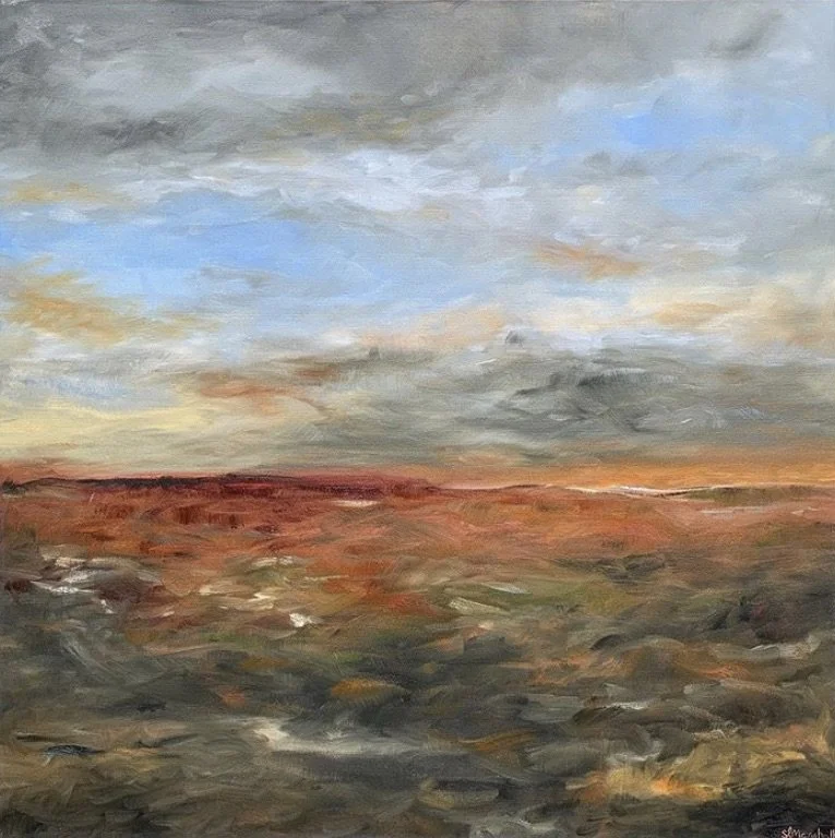 Oil painting of a landscape with a cloudy sky, distant horizon, and a mix of earthy colors in the foreground.