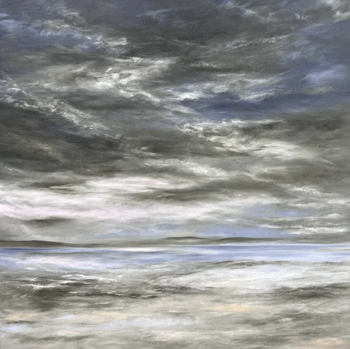 A painting depicting a cloudy, overcast sky with shades of gray, white, and hints of blue, over a calm body of water reflecting the sky.