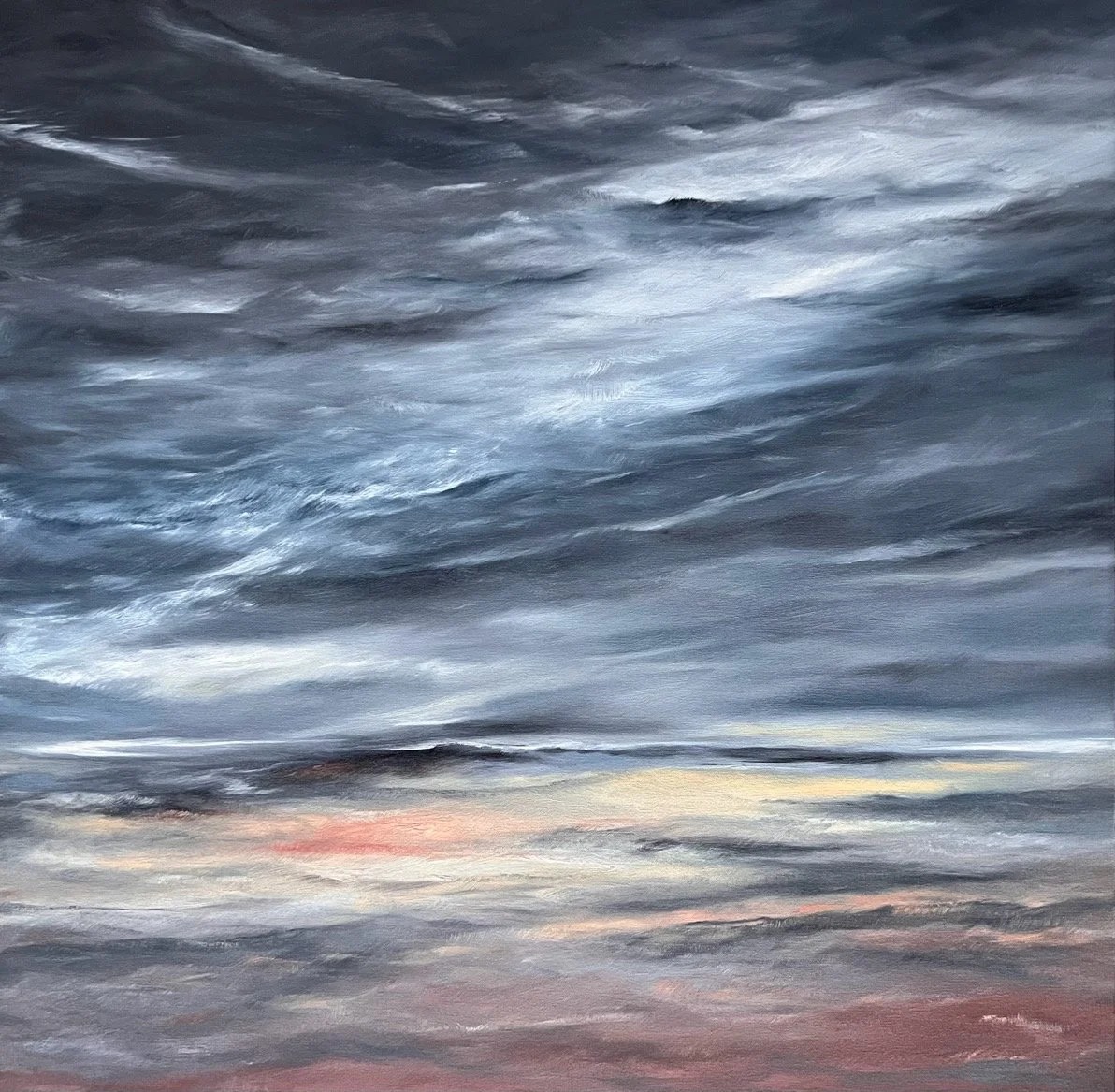 A painting of a dramatic sky with swirling dark gray clouds over a horizon with subtle hints of pastel colors.