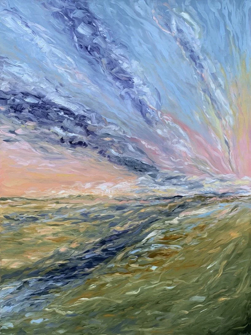 Abstract landscape painting of sky and land at sunset with colorful clouds in shades of blue, pink, and yellow over a grassy field.