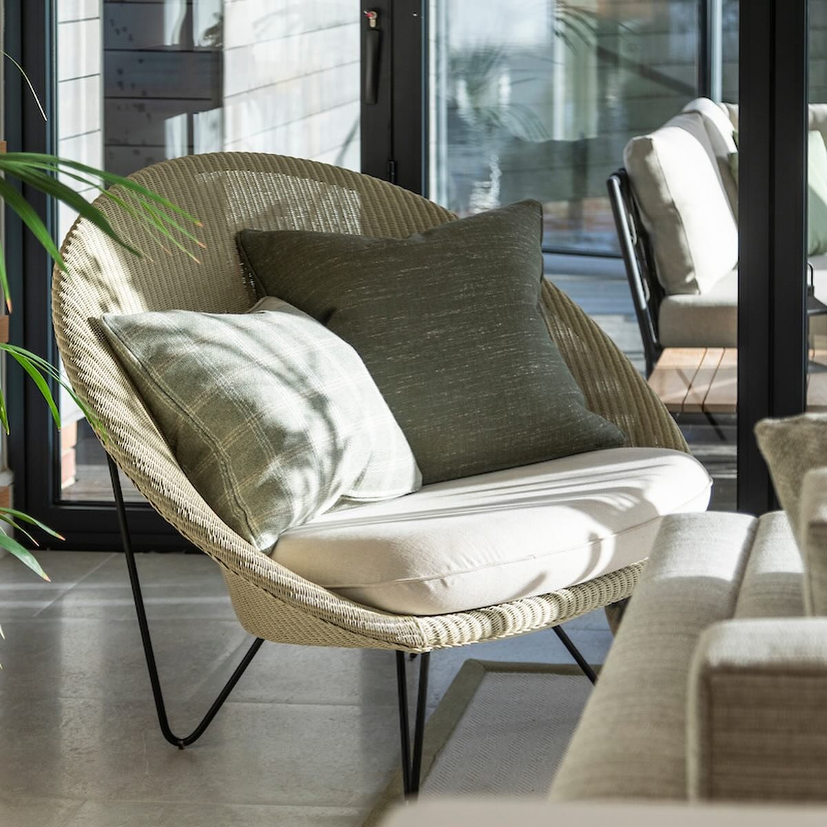 Hope you&rsquo;ve been enjoying the sunshine this week 🖤
We love flexible pieces of furniture and this lovely Cocoon Chair looks just as good inside or outside.  Styled in our clients sitting room with kentia palms and other soft furnishings, it&rsq