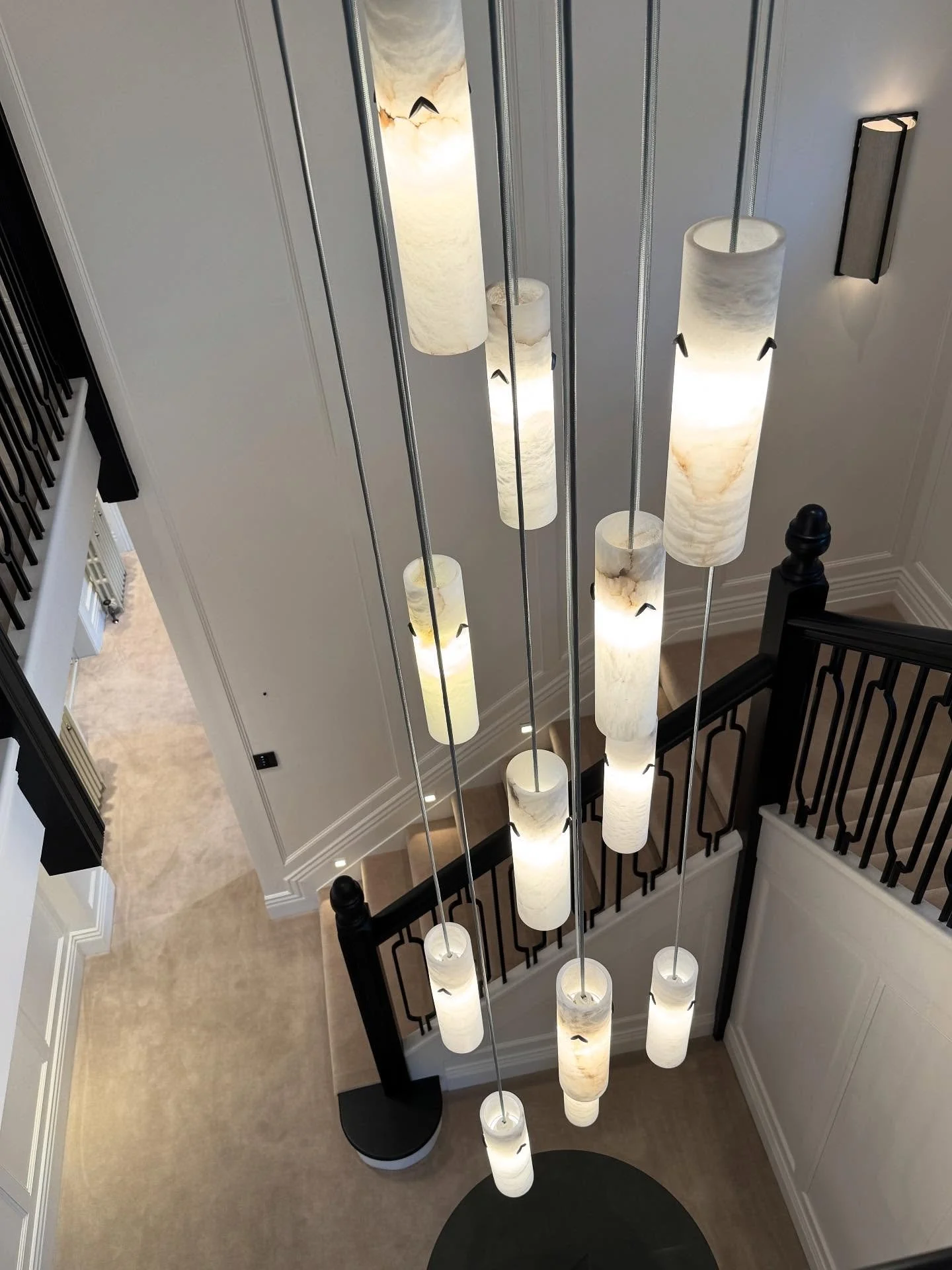 Cascading down from the top floor to the first floor of our Chester project sits the beautiful @tigermoth_lighting alabaster chandelier. If you&rsquo;ve been following us for a while, you&rsquo;ll know that alabaster is one of our favourite finishes 