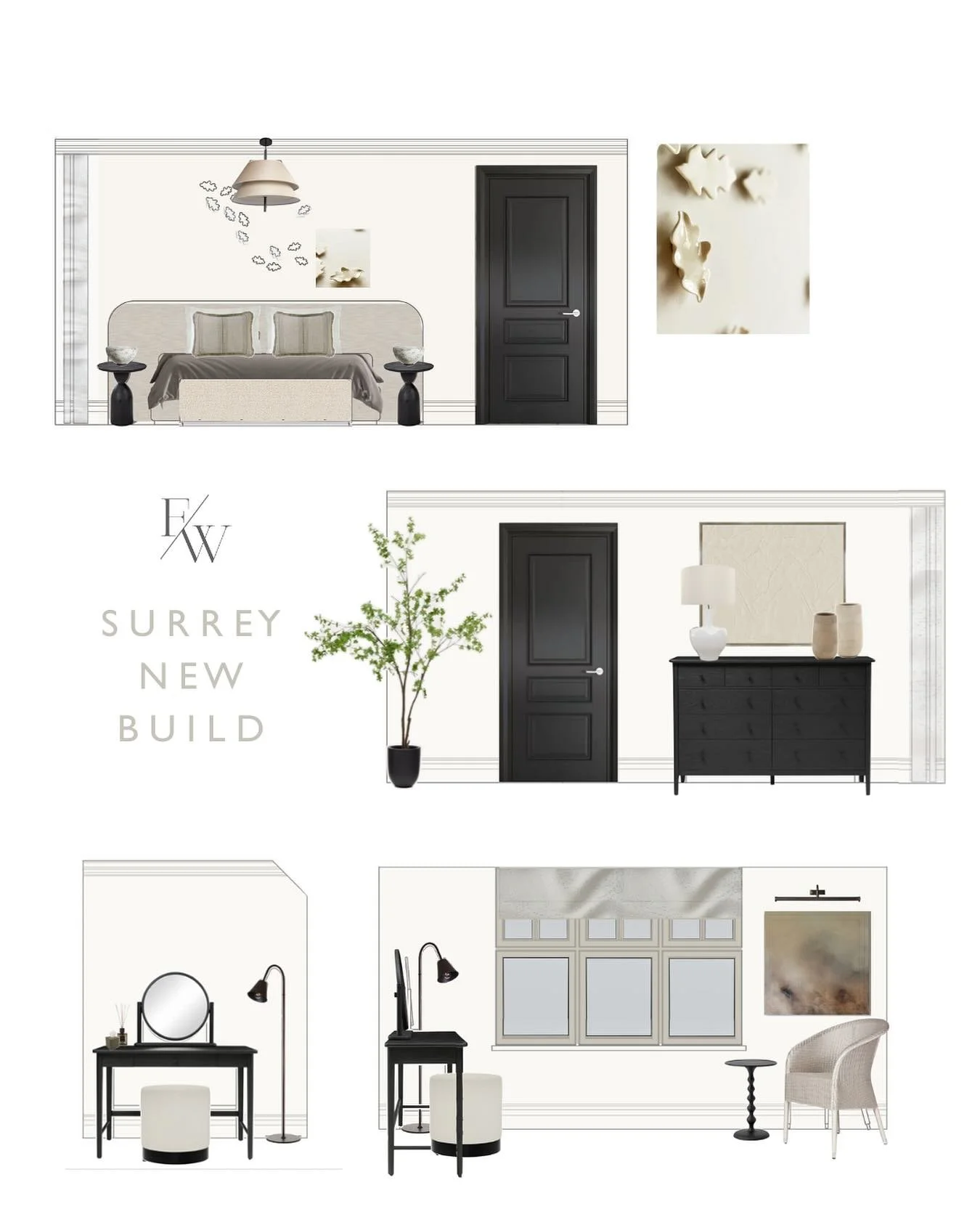 A sneak peek at the Primary Suite for our Surrey new build.
We&rsquo;ve chosen a neutral palette that harmonises with the existing wall colour, while ebony-stained oak furniture adds depth and ties in with the statement doors for a cohesive look thro