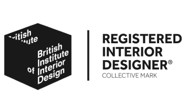 Logo of the British Institute of Interior Design with a black cube and text, and the words 'REGISTERED INTERIOR DESIGNER' with a register mark.