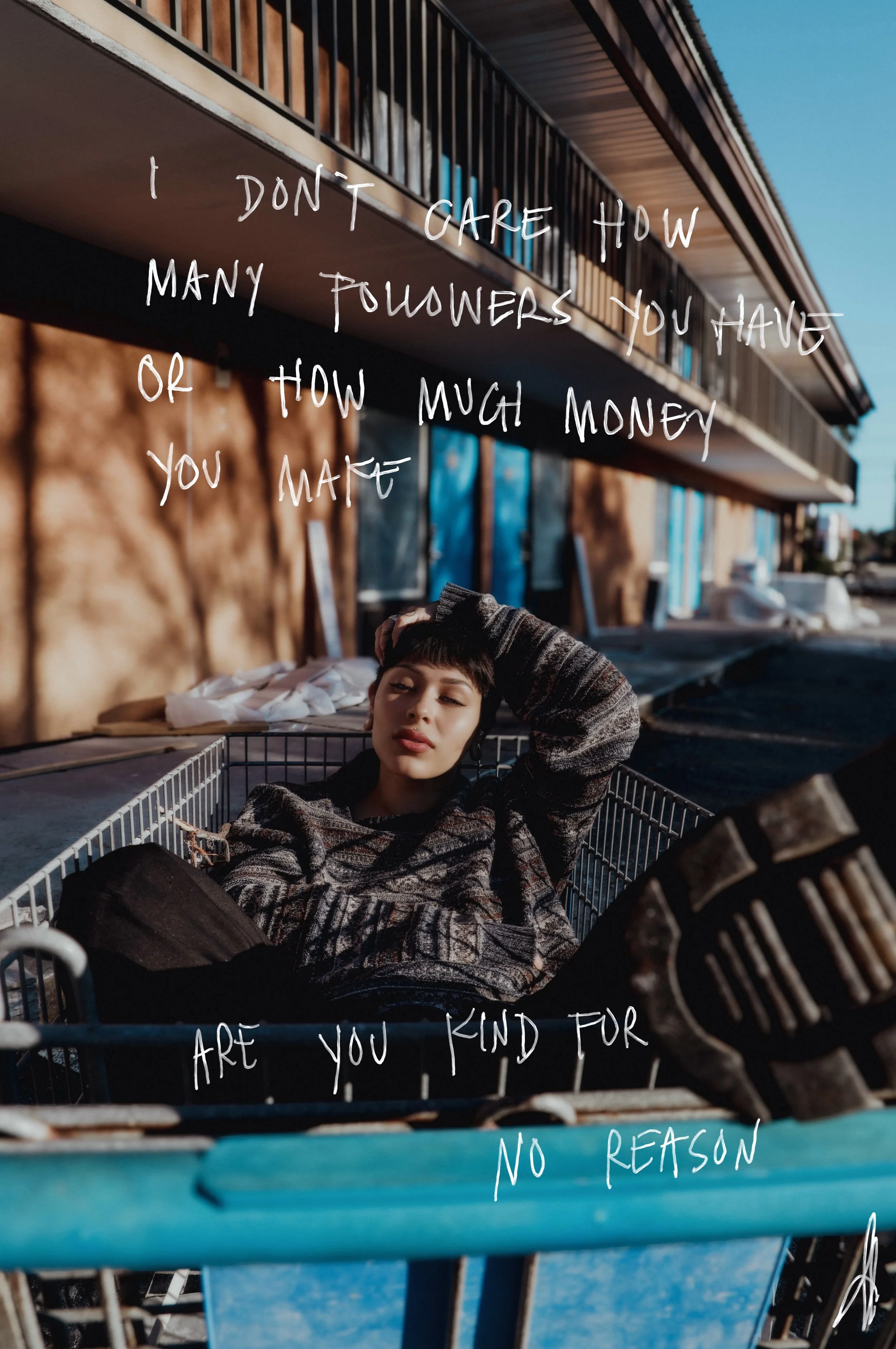 A young woman relaxing in a shopping cart outdoors on a sunny day, with a building under construction in the background and handwritten quote overlayed.