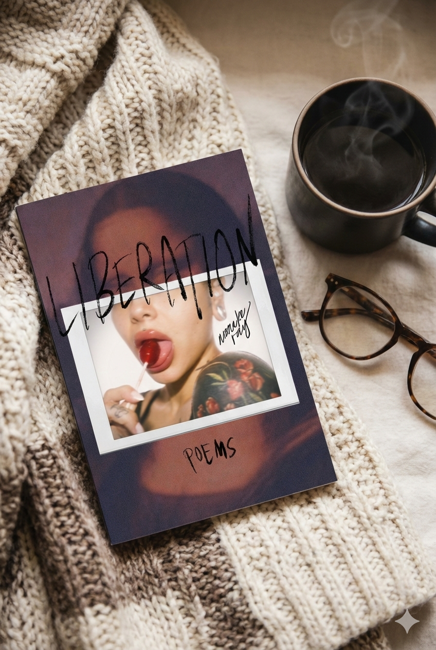 Close-up of a string of colorful beads on moss. The beads are shiny with reflections, mainly in blue, with some in peach and gold hues.