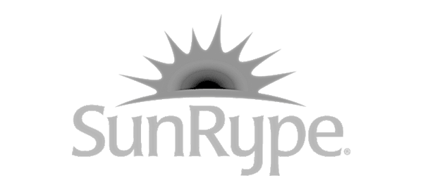 SunRype logo shown as part of branded beverage advertising, featuring sound design, SFX, and final mixes by Underdown Audio, delivered in collaboration with CREW Marketing Partners.