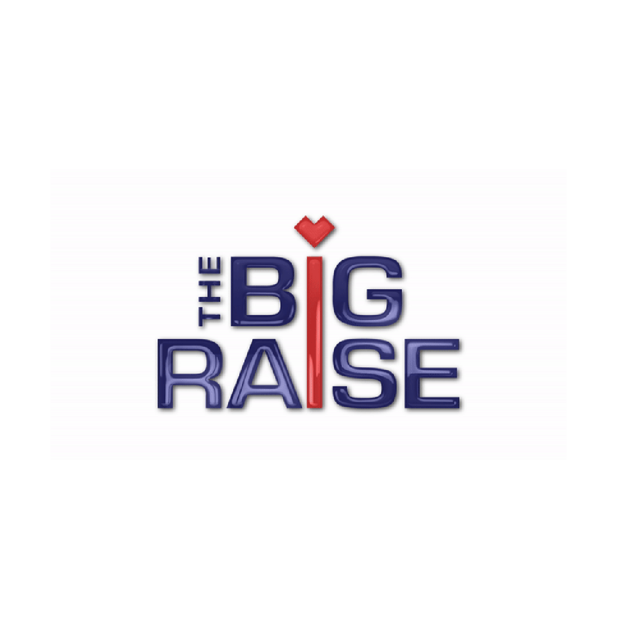 Text logo with 'The Big Raise' in blue and red, and a red heart at the top of the letter 'I'.