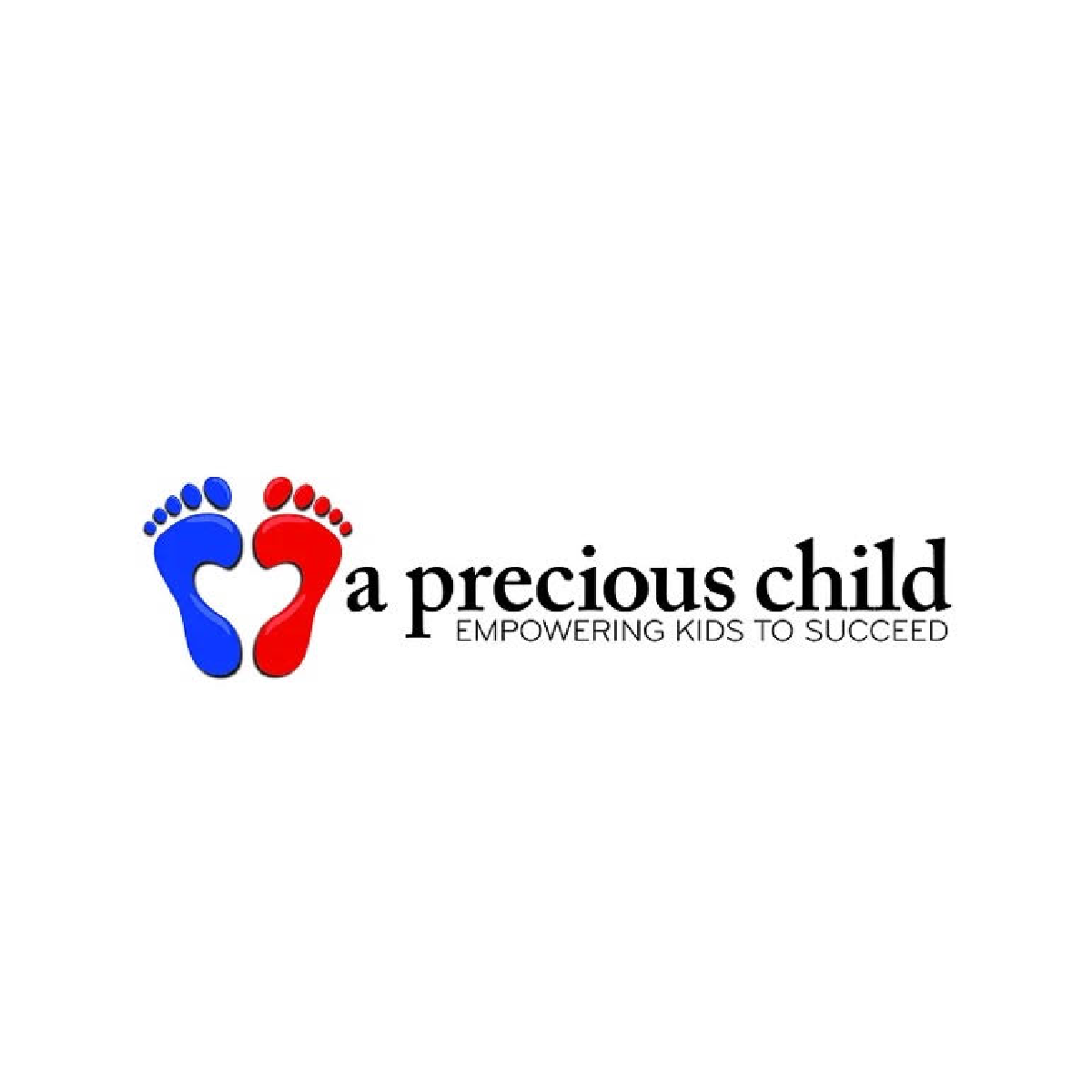 Logo featuring red and blue footprints forming a heart shape, with the text 'a precious child' and the tagline 'Empowering Kids to Succeed'.