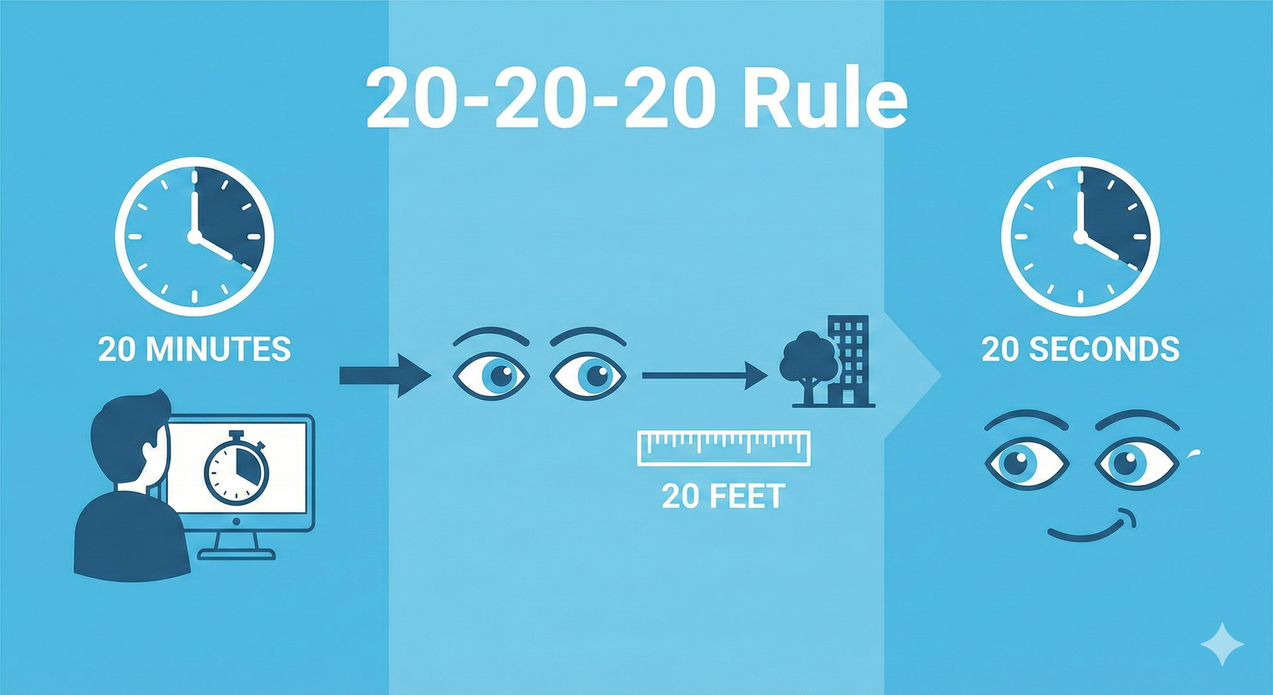 An infographic diagram explaining the 20-20-20 rule for reducing eye strain: look 20 feet away for 20 seconds every 20 minutes.