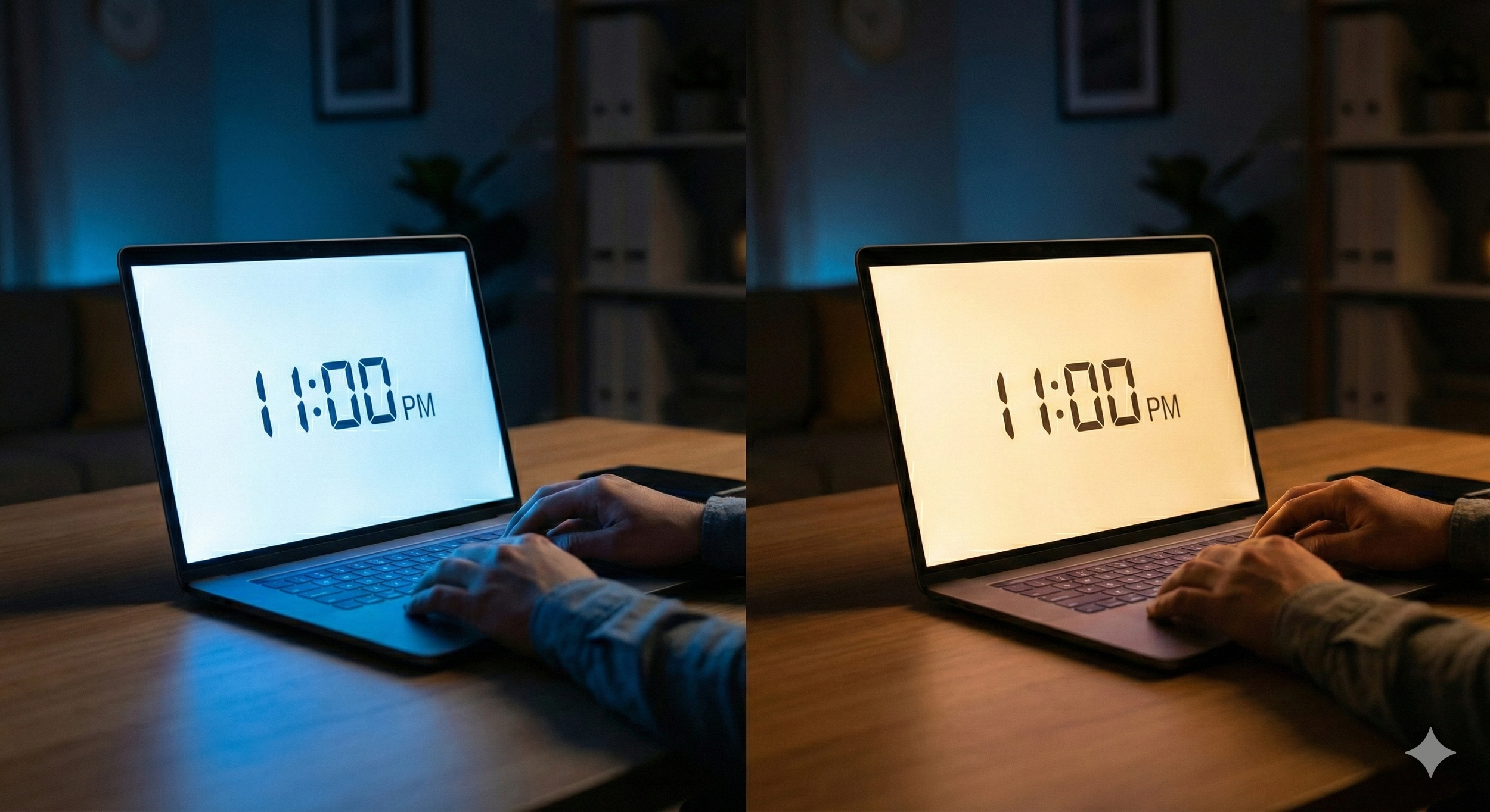 A side-by-side comparison of a laptop screen emitting a harsh blue light versus a warm yellow light, illustrating the "Night Shift" or "Blue Light Filter" setting.