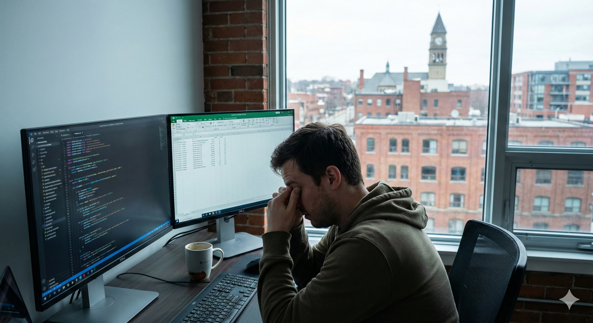 A software developer with digital eye strain rubbing their eyes at a dual-monitor desk in a Kitchener loft office