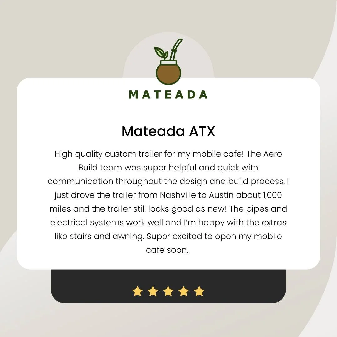 Your reviews mean so much! Thank you so much for taking the time to leave them ⭐

#AeroBuild #MobileBusiness #MobileCafe #MobileCoffee #CoffeeTrailer #RetailTrailer #FiveStars #SmallBusiness #ShopLocal #ShopSmall #Nationwide #MadeInTennessee #MadeInN