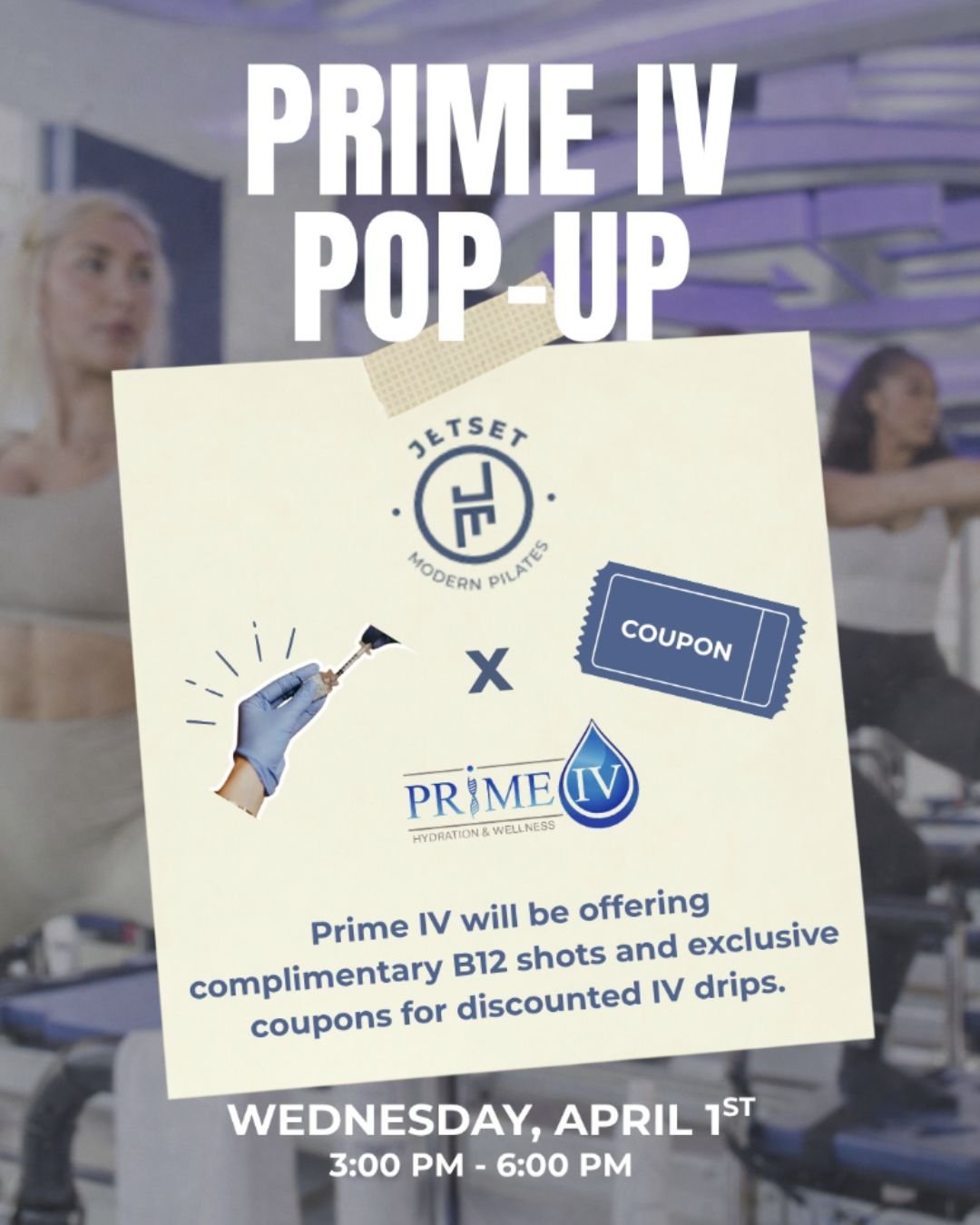 Two of our favorites are joining forces! 🤝

Recharge and refresh 💧✨ Don't miss the @primeivpalmbeachgardens Pop-Up  at @jetsetpilatespalmbeachgardens and enjoy complimentary B12 shots plus exclusive discounts on IV drips.

📍 Wednesday, April 1st
⏰