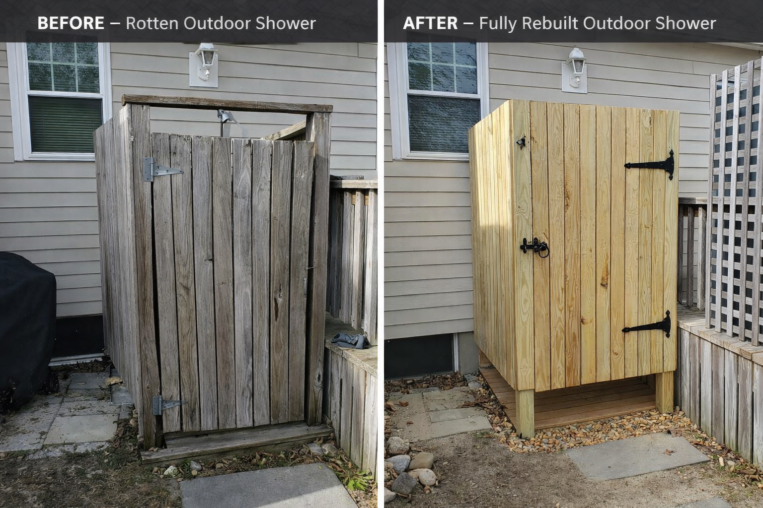 Before and after outdoor shower replacement on Martha’s Vineyard by West Wind MV.