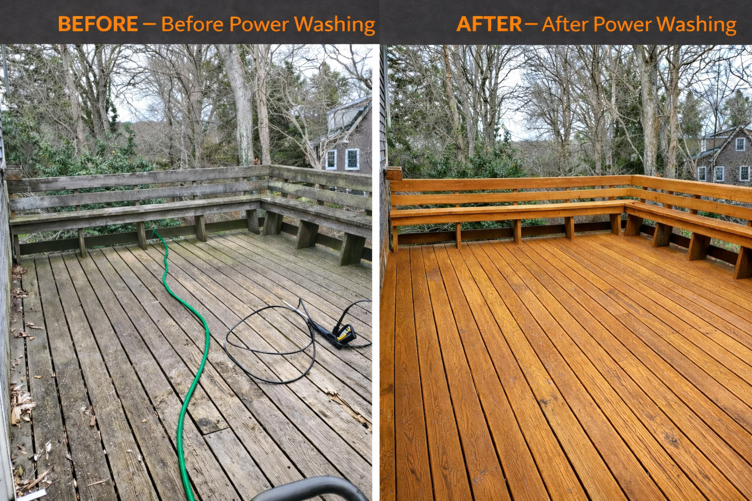 Before and after deck power washing on Martha’s Vineyard by West Wind MV.