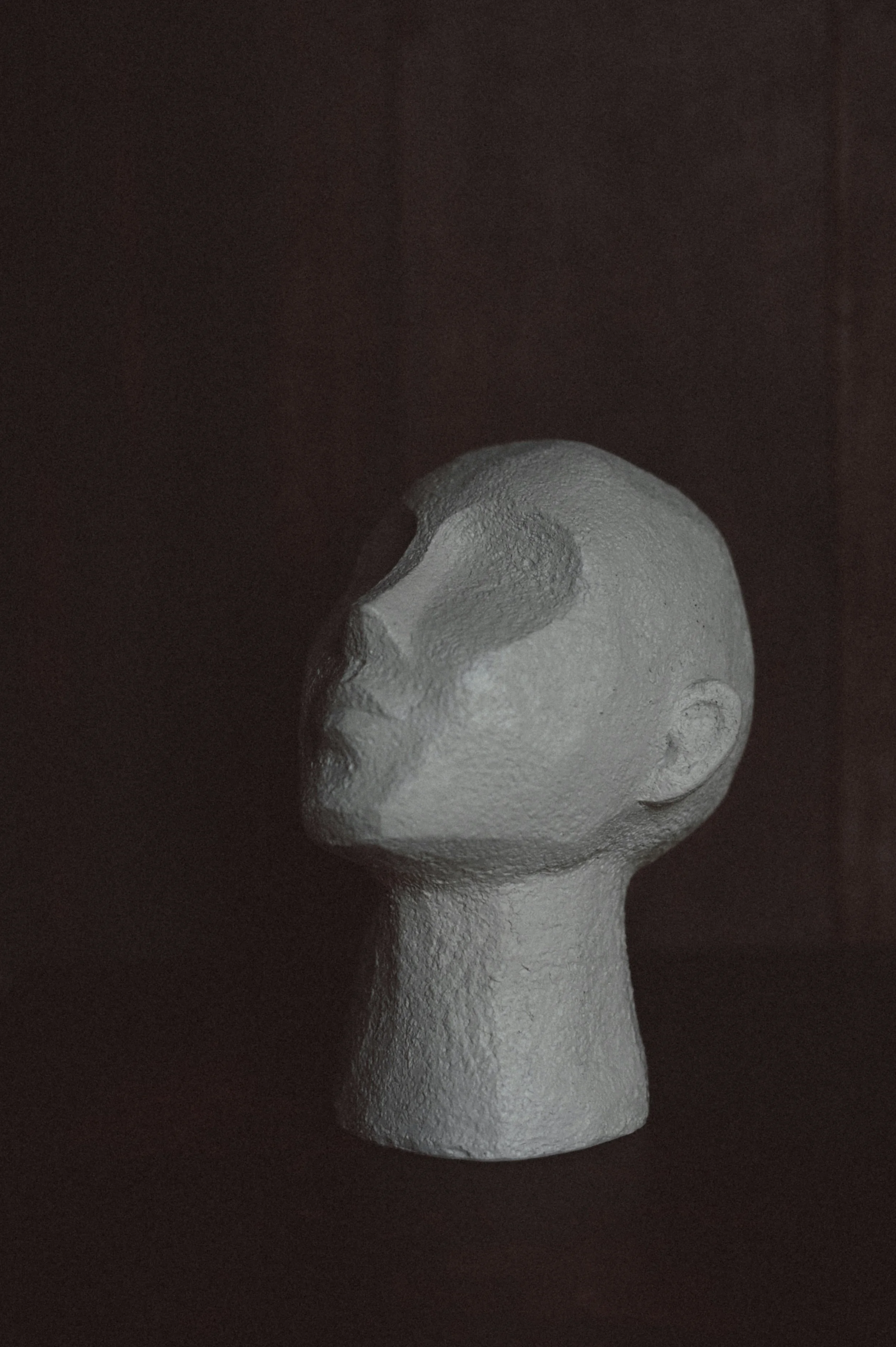 A textured white sculpture of a human head with a smooth top and a dark background.