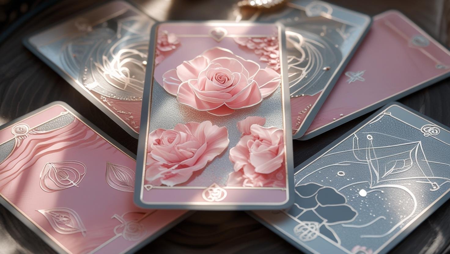 create a beautiful spread of four tarot cards (showing the back of the cards). I would like the card backs to be rose quartz pink and gray silver in design.jpg
