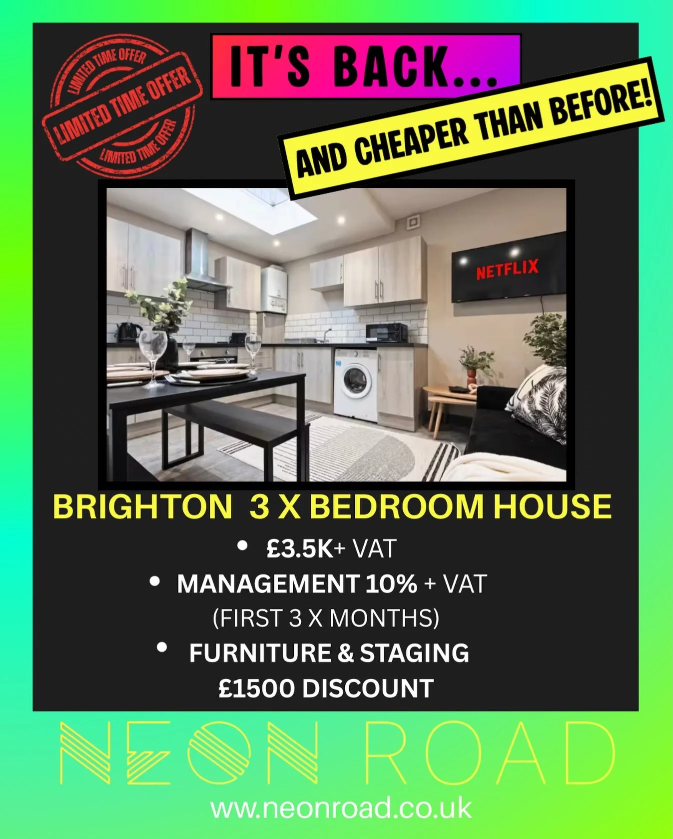 💥HUGE opportunity in Brighton! 💥

3 x bedroom house Airbnb deal back available at &pound;3.5K + VAT.

Includes:
&bull; Management option (10% + VAT - first 3 months)
&bull; &pound;1500 furniture, staging and sourcing discount

☀️PERFECT TIME TO LAU