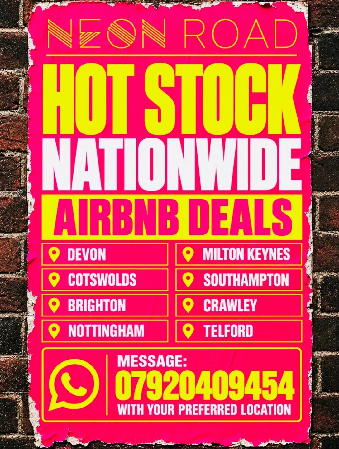 🚨 HOT STOCK ALERT 🚨

NEW AIRBNB DEALS SECURED NATIONWIDE! 

From Devon to Nottingham, Brighton to the Cotswolds, we&rsquo;ve got some exciting opportunities AVAILABLE NOW!!!

📲 WhatsApp 07920409454 or DM with your preferred location and let&rsquo;
