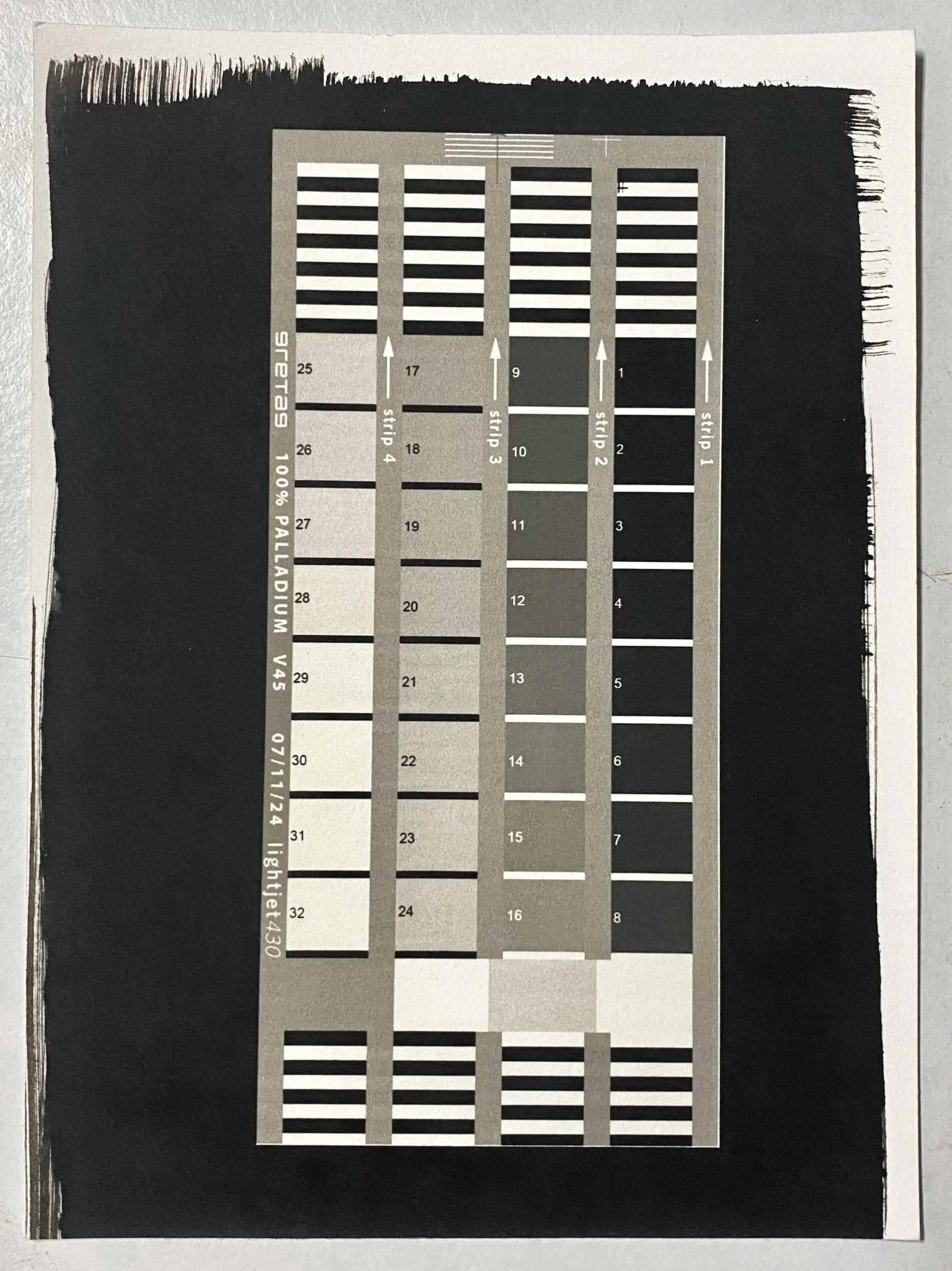 Black and white photo of a grayscale test chart for platinum printing