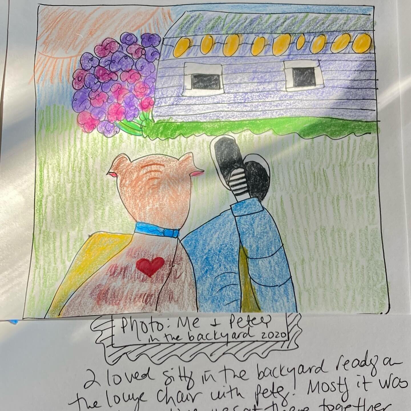 Was so nice to dip back into #drawtogethergut with @wendymac and the How To See More with Dorothea Lange lesson. It was such a treat. I chose an old photograph of me and Petey in the backyard on his lounge chair, enjoying the view. Five minute drawin