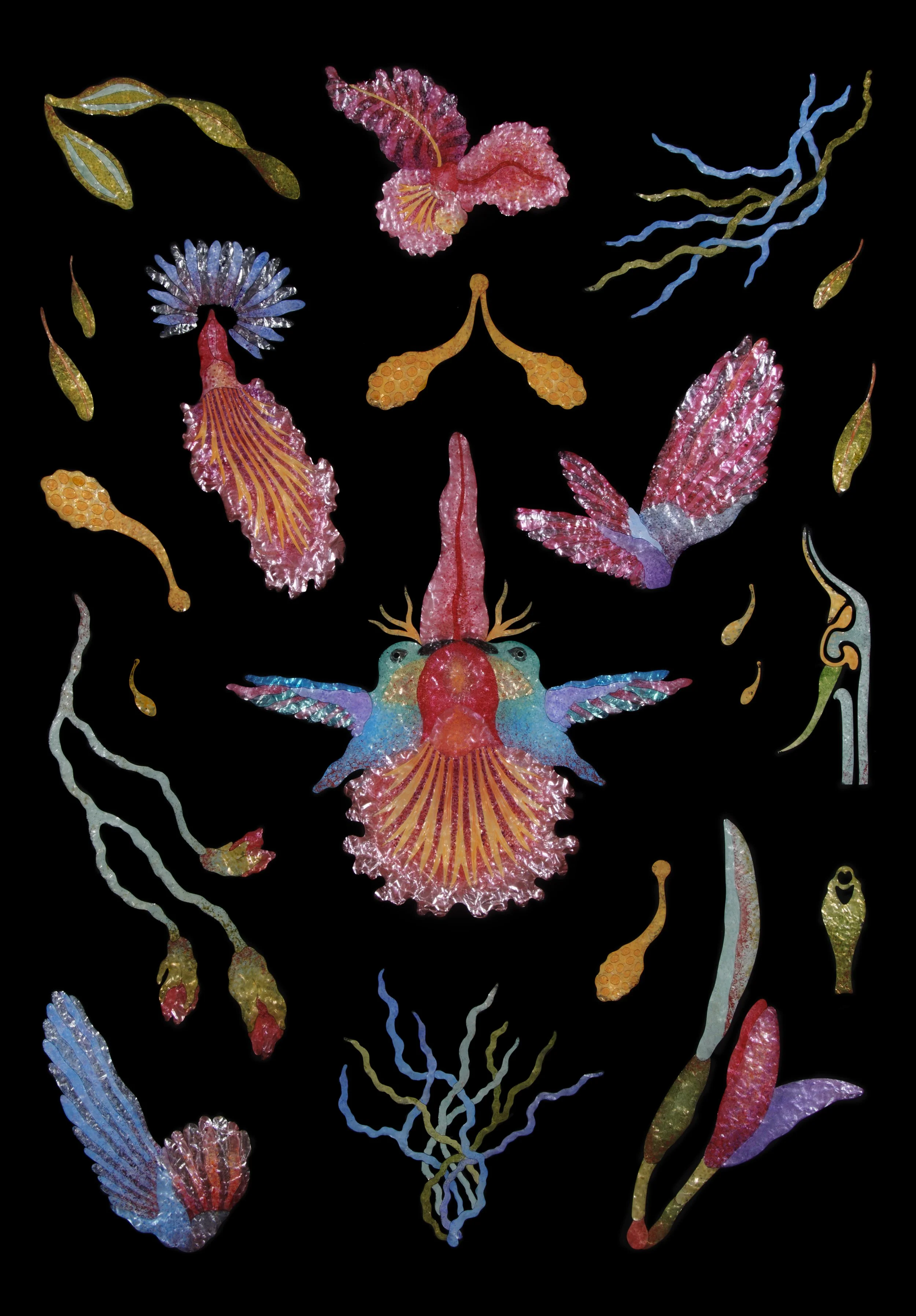 “The Orchid and The Hummingbird I,” 2025-26  Reverse painting on plexiglass, foil, artist's frame 48.5 x 36 x 1.5 / 123.2 x 91.4 x 3.8 cm
