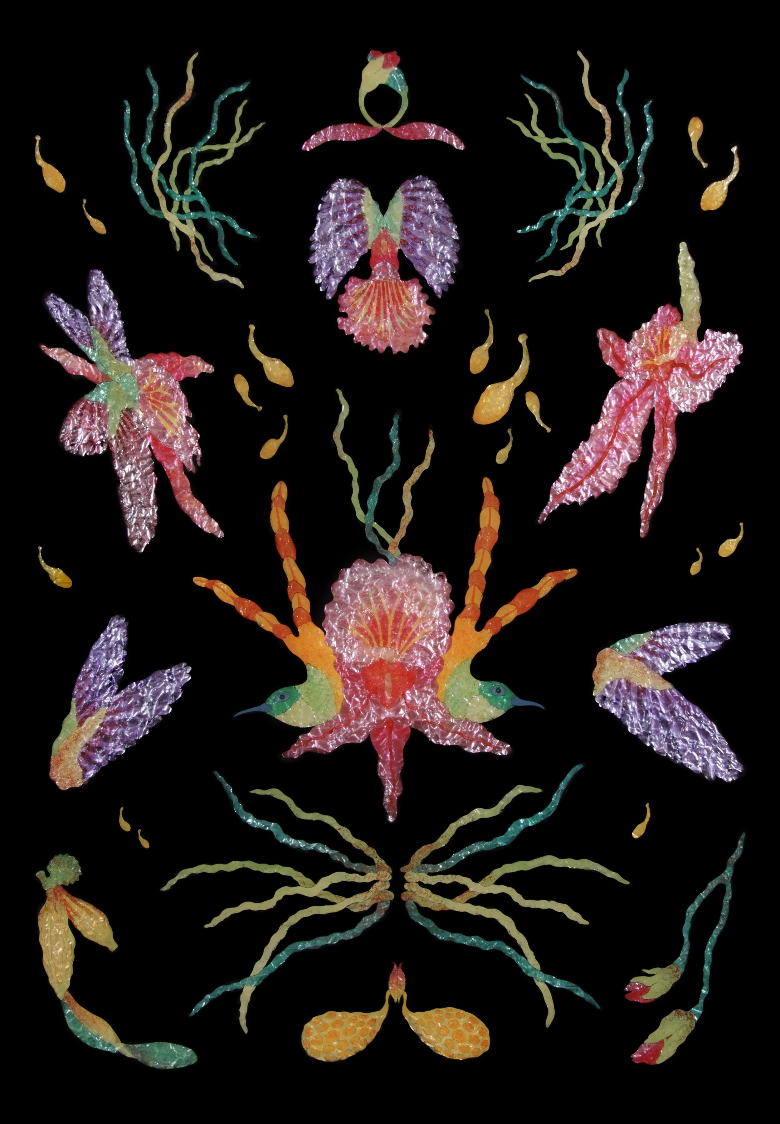 “The Orchid and The Hummingbird II,” 2025-26  Reverse painting on plexiglass, foil, artist's frame 48.5 x 36 x 1.5 / 123.2 x 91.4 x 3.8 cm