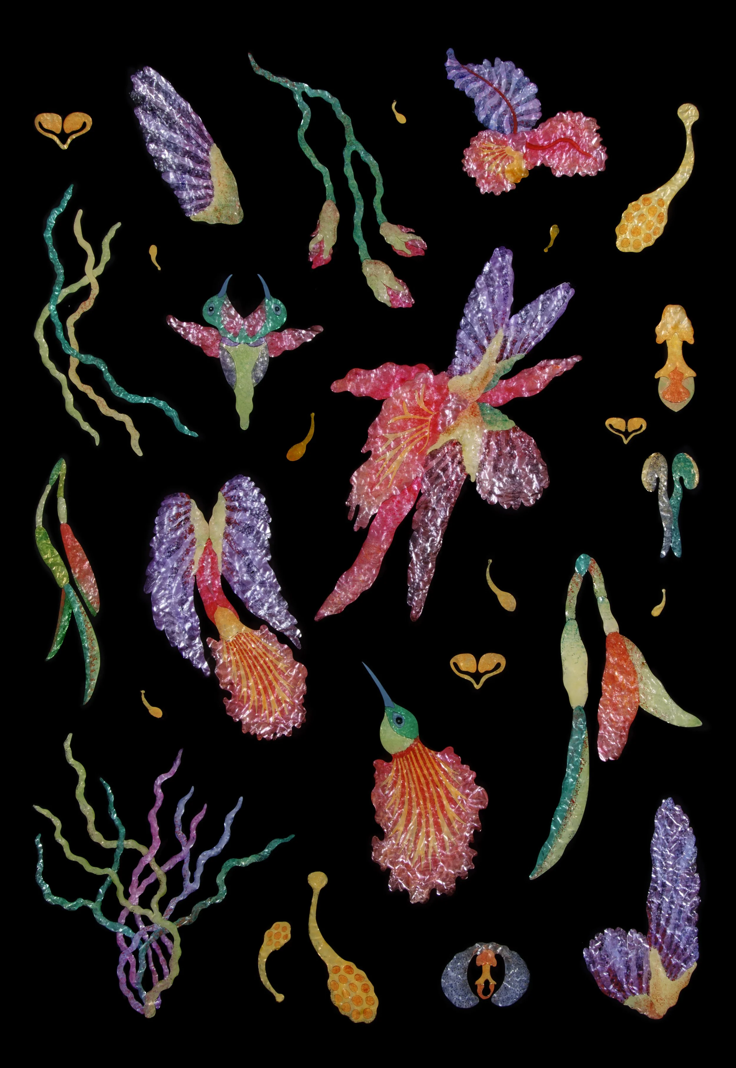 “The Orchid and The Hummingbird III,” 2025-26  Reverse painting on plexiglass, foil, artist's frame 48.5 x 36 x 1.5 / 123.2 x 91.4 x 3.8 cm