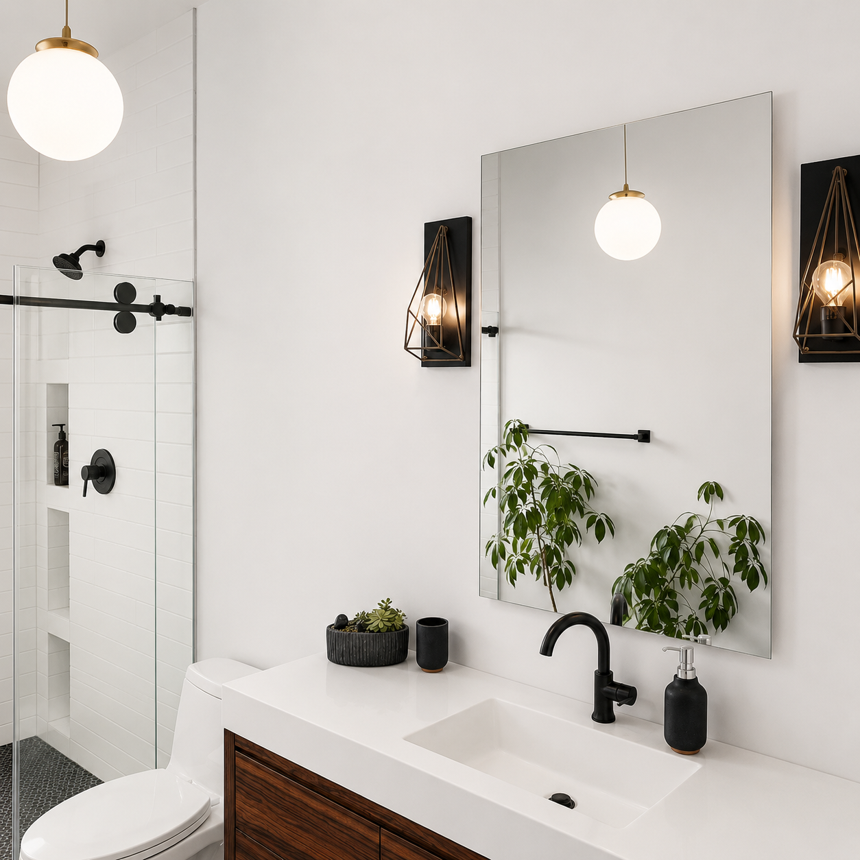 Modern bathroom with black fixtures, white walls, a large mirror, a plant, and a walk-in shower with black hardware.