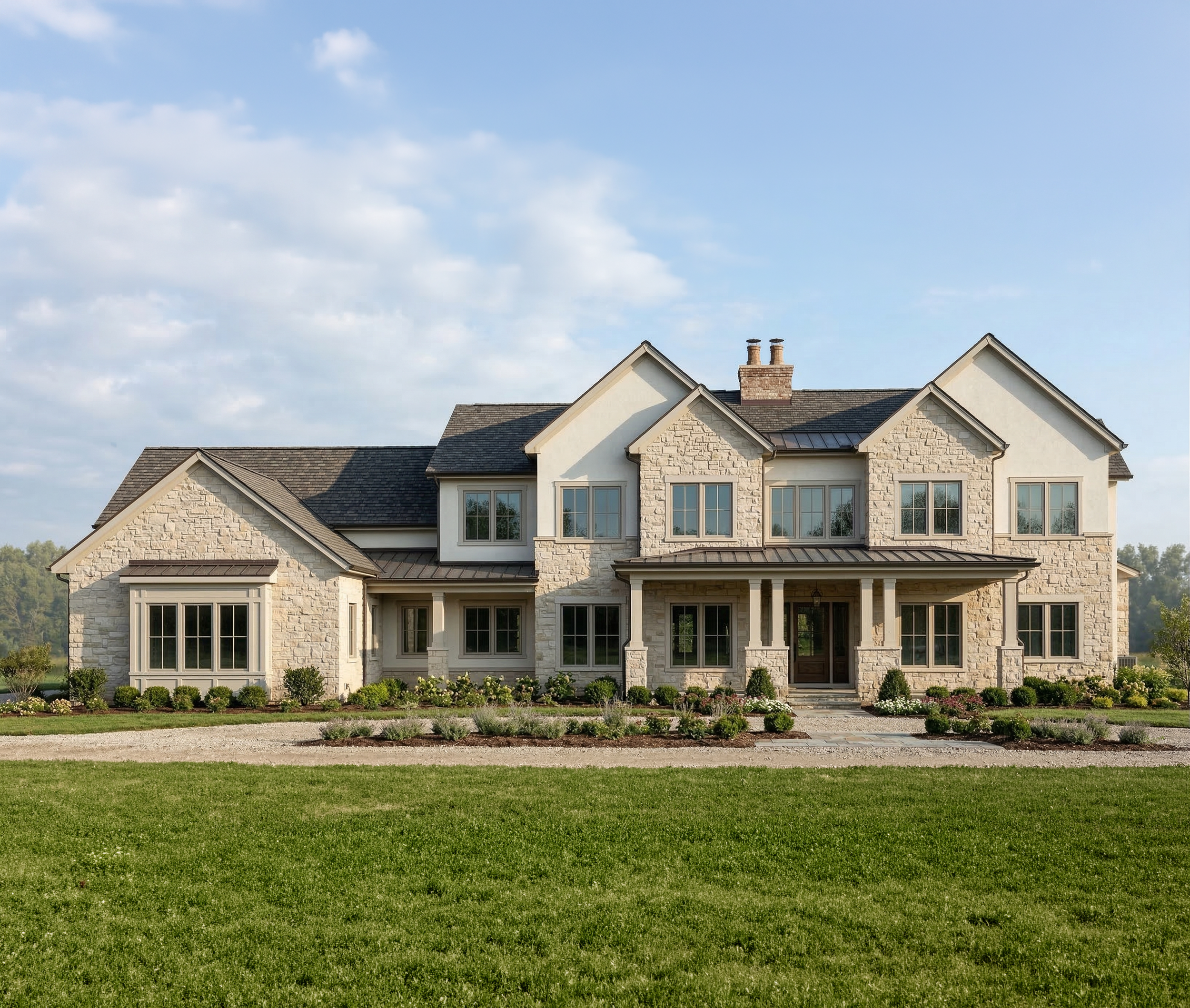 An architectural rendering of a large, modern house with stone and white siding exterior, multiple windows, a covered front porch with columns, and a well-maintained lawn and garden.