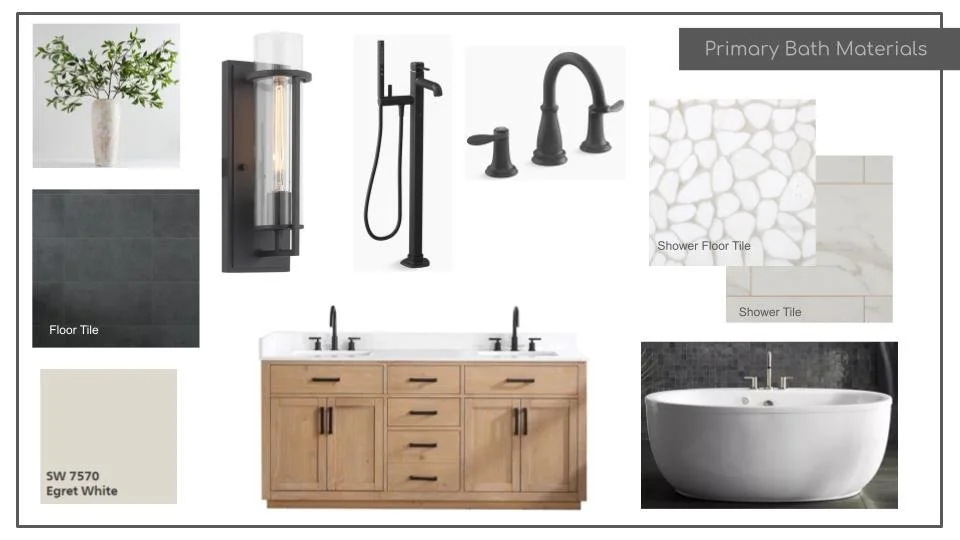 A bathroom design mood board featuring a wooden vanity, black fixtures, white and dark gray tiles, shower and bath elements, and a potted plant.