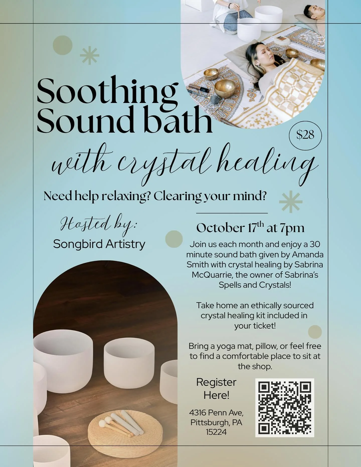 Songbird Artistry is hosting a new monthly event, sound baths, with crystal healing! Quiet your mind, reduce stress, and sink into deep relaxation as you&rsquo;re bathed in the calming vibrations of singing bowls. While Amanda Smith is healing you wi