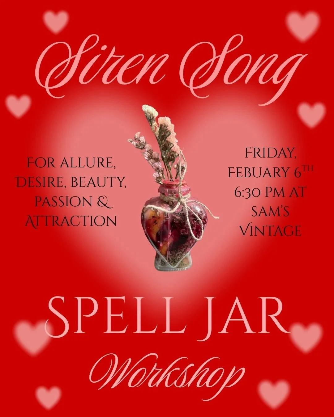 Join us at Sam&rsquo;s Vintage, 3701 Butler Street, Pittsburgh PA 15201, on Friday, February 6th for the Siren Song Glamour Spell Workshop. This workshop will be lead by Sabrina, the owner of Sabrina&rsquo;s Spells and Crystals. She will teach you ho