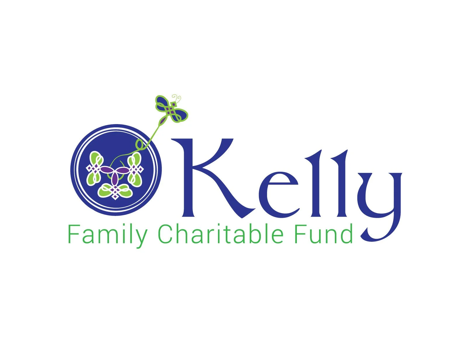 Logo for Kelly Family Charitable Fund featuring a stylized butterfly inside a circular design, with the text 'Kelly' in blue and 'Family Charitable Fund' in green.